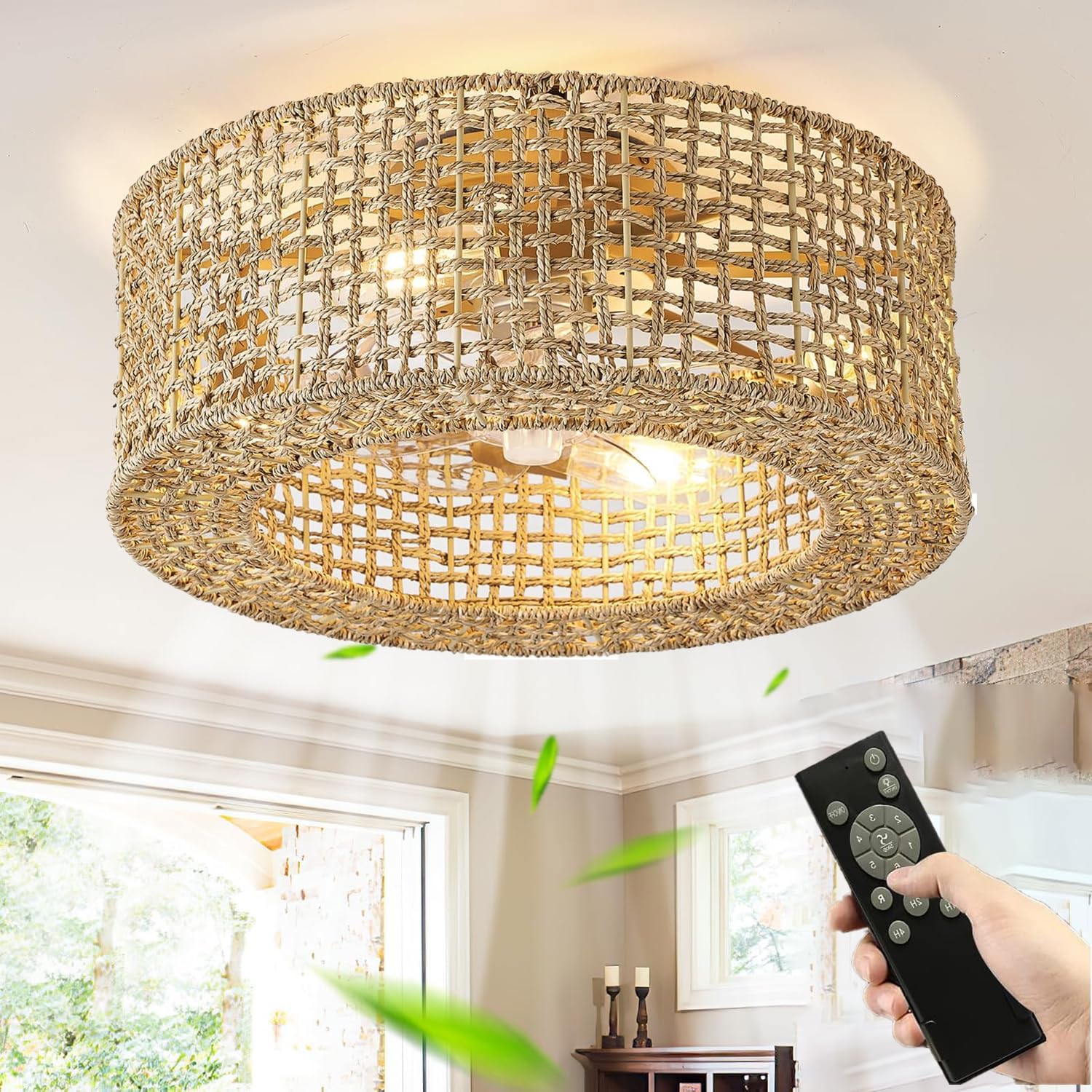 Leise Deckenventilator Mit licht und Fernbedienung Boho Rattan E27 Deckenleuchte Mit Ventilator Und Beleuchtung Retro Industriell Fan Deckenlampe