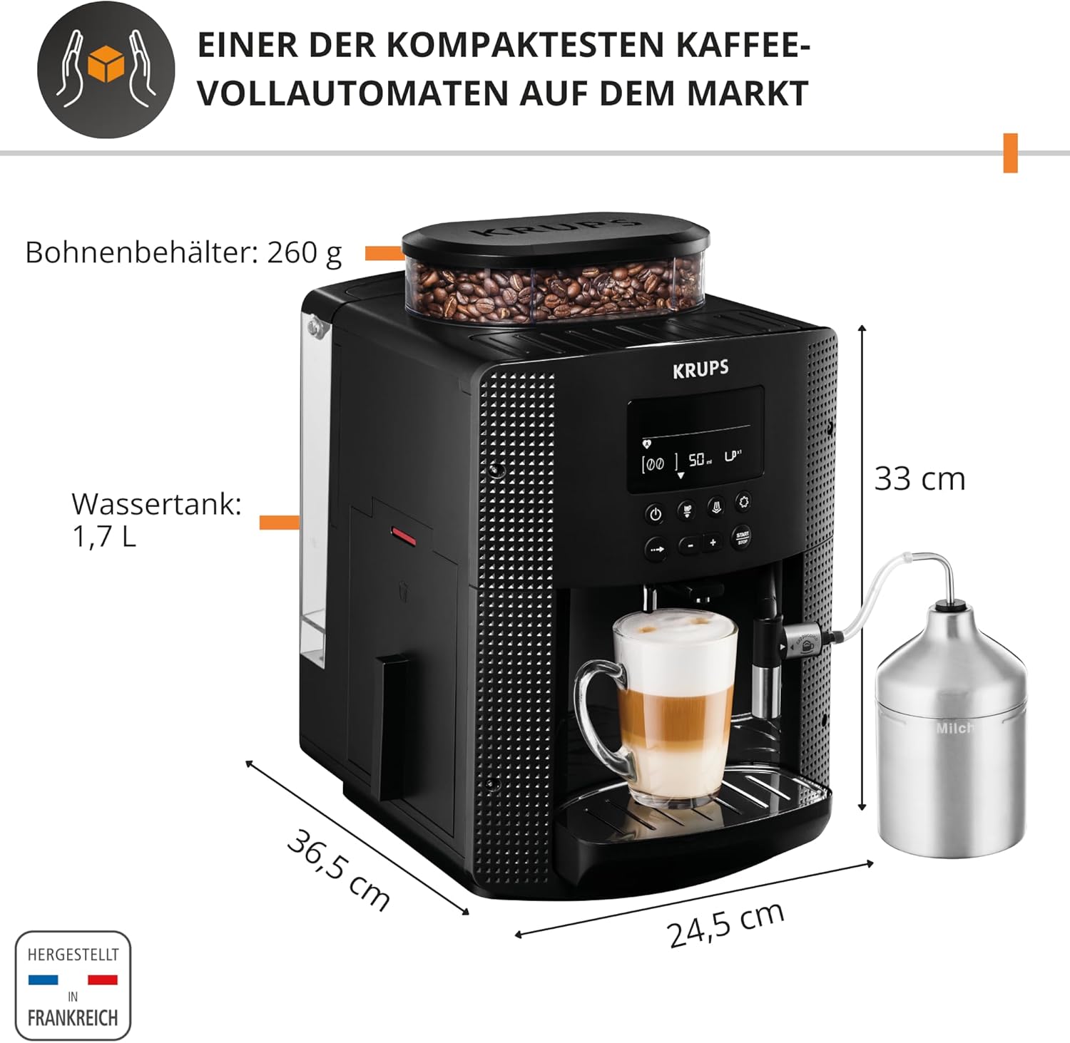 KRUPS Essential Kaffeevollautomat mit Milchaufschäumer – automatische Kaffeemaschine für Espresso, Cappuccino und Kaffee, einfache Bedienung dank LCD-Display, automatische Reinigung, kompaktes Design