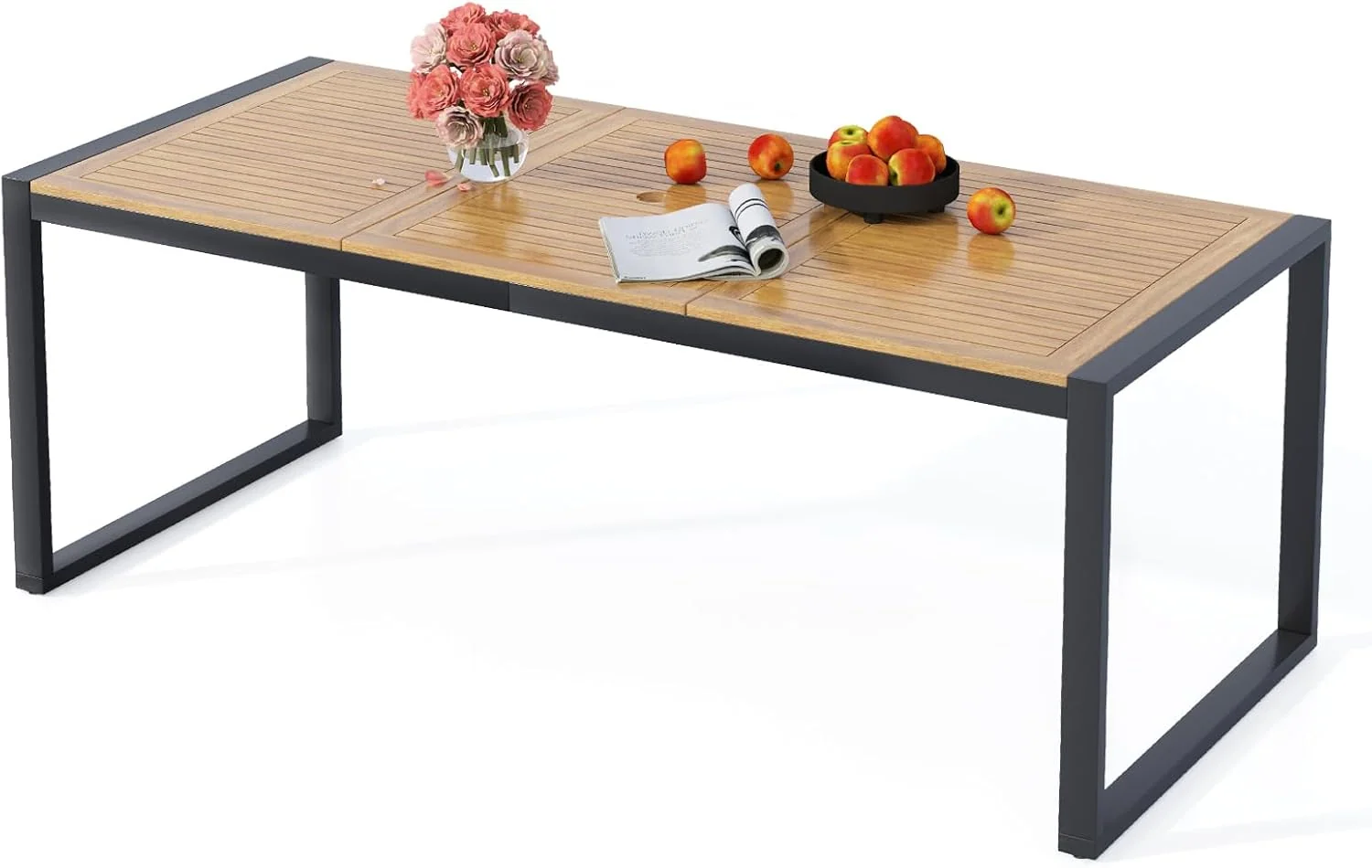 COSTWAY Esstisch, 200x90 cm, Schwarz/Braun, Gartentisch mit Schirmloch, rechteckiger Terrassentisch für 8 Personen