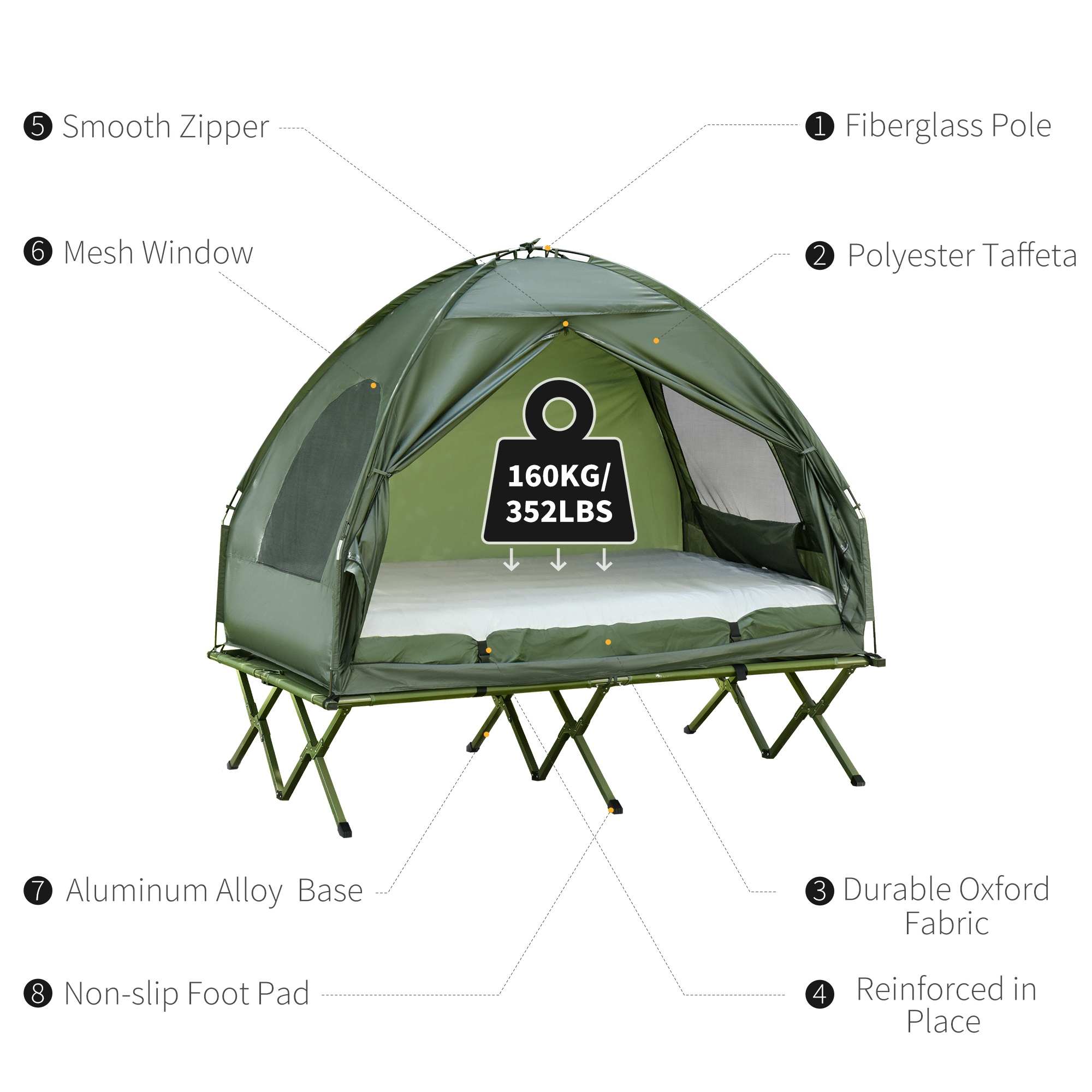 Outsunny Campingbedje met Matras Hoge Slaap Draagbaar, Groen