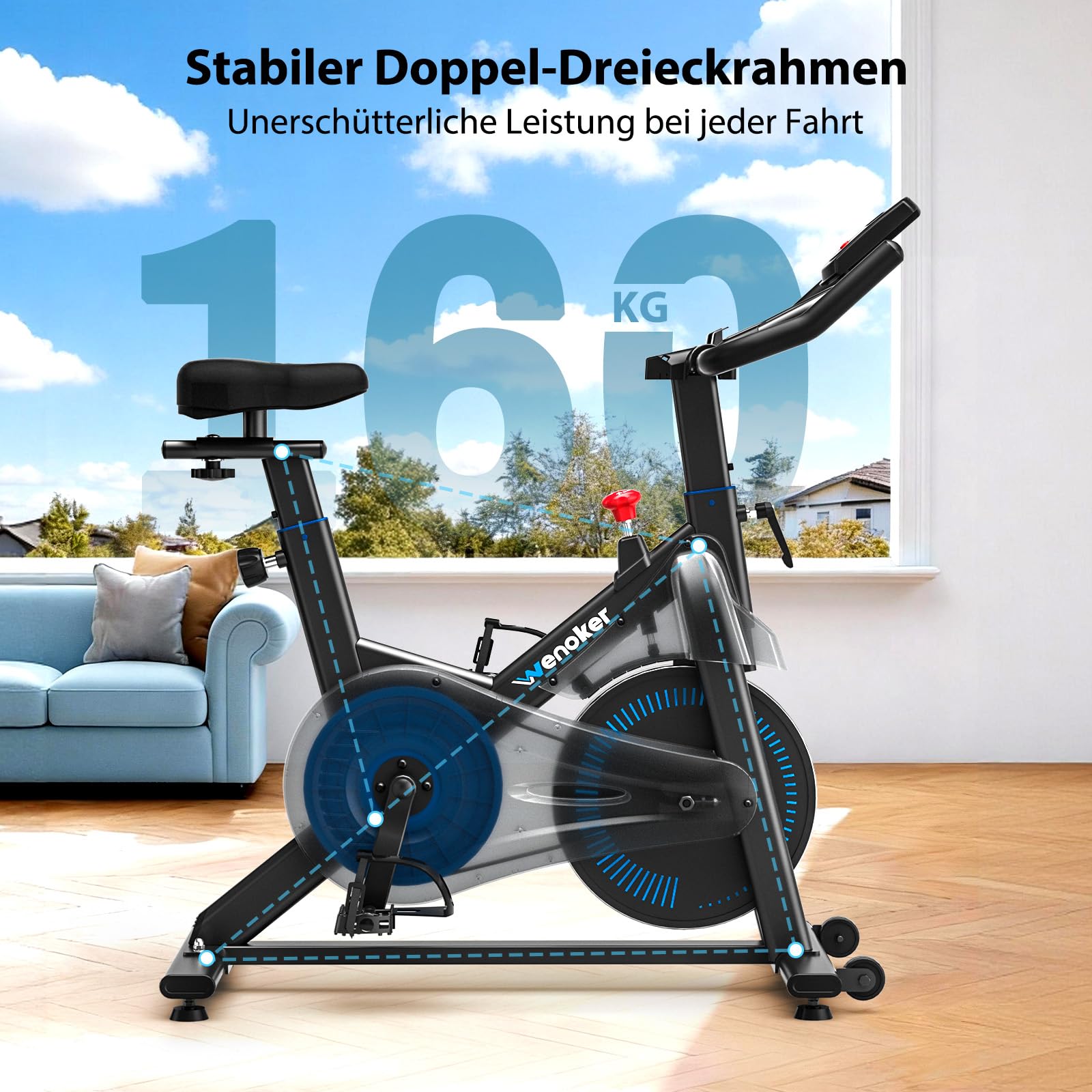 Heimtrainer Fahrrad mit Magnetwiderstand App-Kompatibilität LCD-Display 160 kg Tragkraft verstellbarer Sitz Tablet-Halter