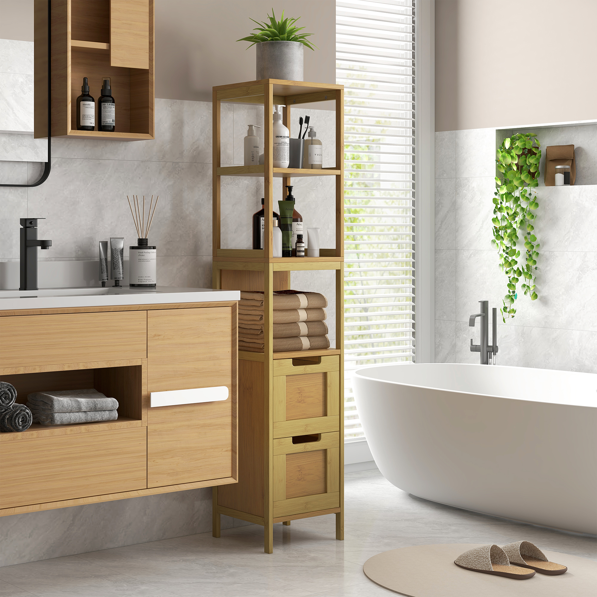 kleankin Badezimmersäule Aufbewahrung Badezimmer im gemütlichen Stil 30B x 30T x 144H cm 3 Regale 2 Schubladen Bambus