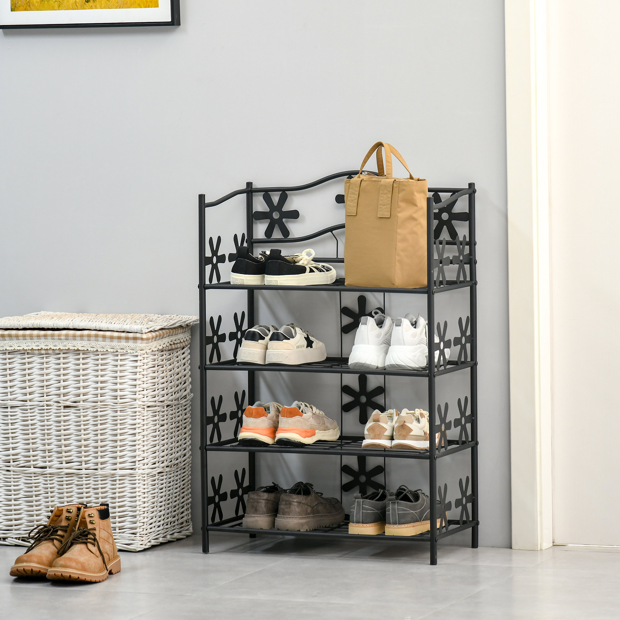 HOMCOM kleines Schuhregal Platzsparend Blumenregal Pflanzentreppe Standregal Ständer 4 Etagen Metall Schwarz 59,5 x 30 x 92 cm