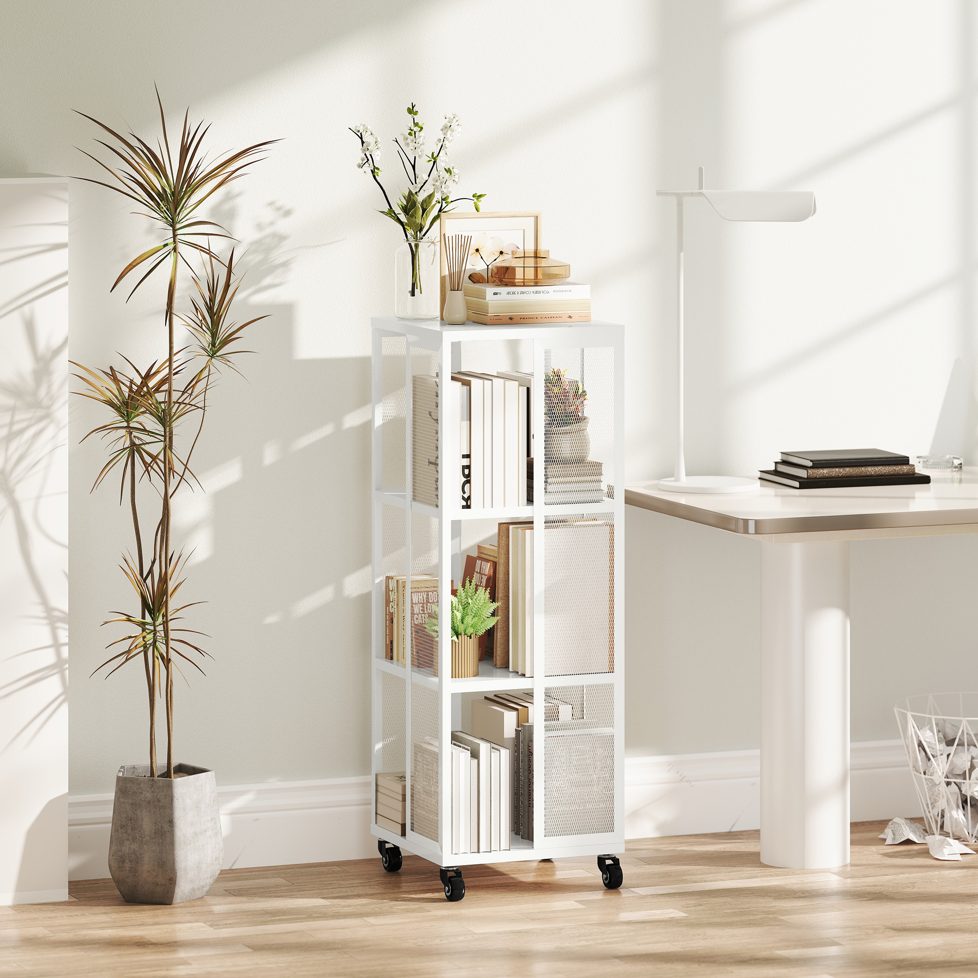 HOMCOM Modernes 3-stöckiges Metall-Drahtgitter-Bücherregal mit Rädern, 35x35x99 cm, Weiß