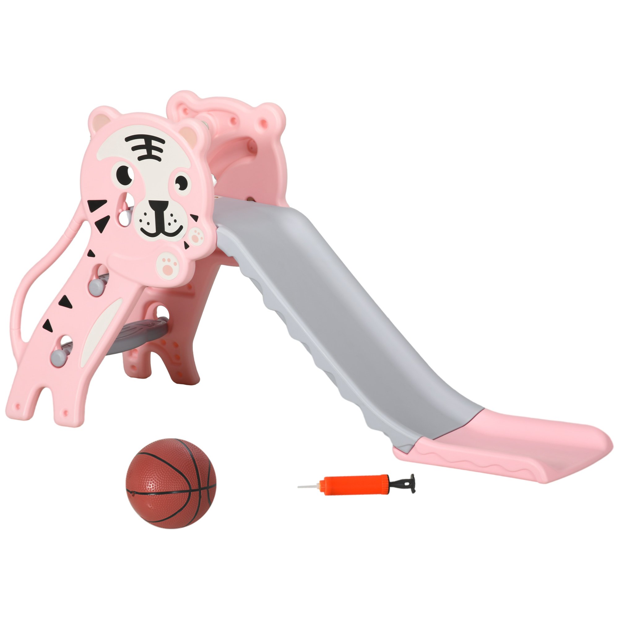 AIYAPLAY Kinder Rutsche 18-36 Monate mit seitlichem Basketballkorb, aus Kunststoff, 133x60x70 cm, Rosa und Grau