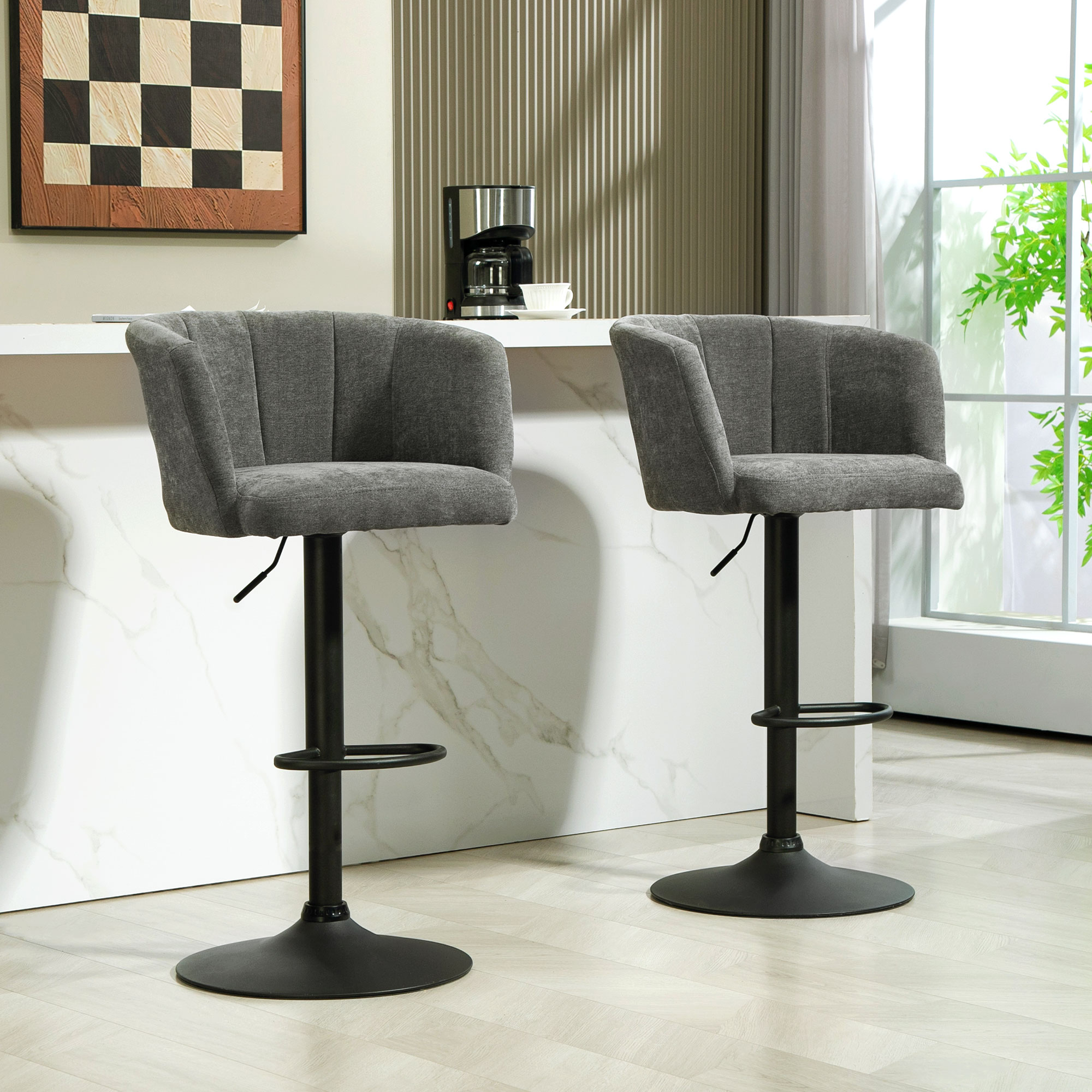 HOMCOM Barhocker 2er-Set, Schalenrücken, höhenverstellbar, Fußstütze, für Küche oder Esszimmer, Metallbasis, Dunkelgrau