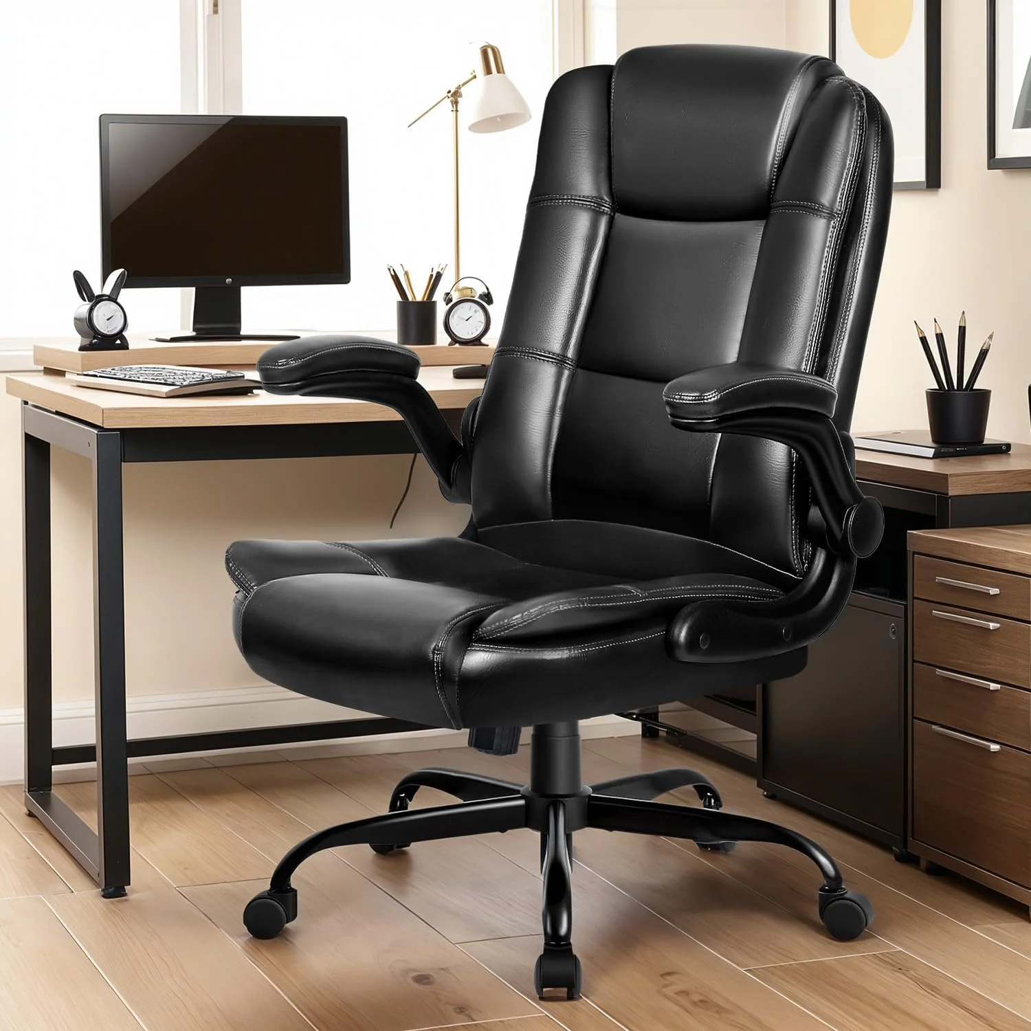Office Chair - Ergonomic Leather Office Chair Computer Desk Chair, Comfortable High Back Office Chair with Adjustable Flip-up Armrest, Executive Leather Office Desk Chair with Smooth Wheels, Black