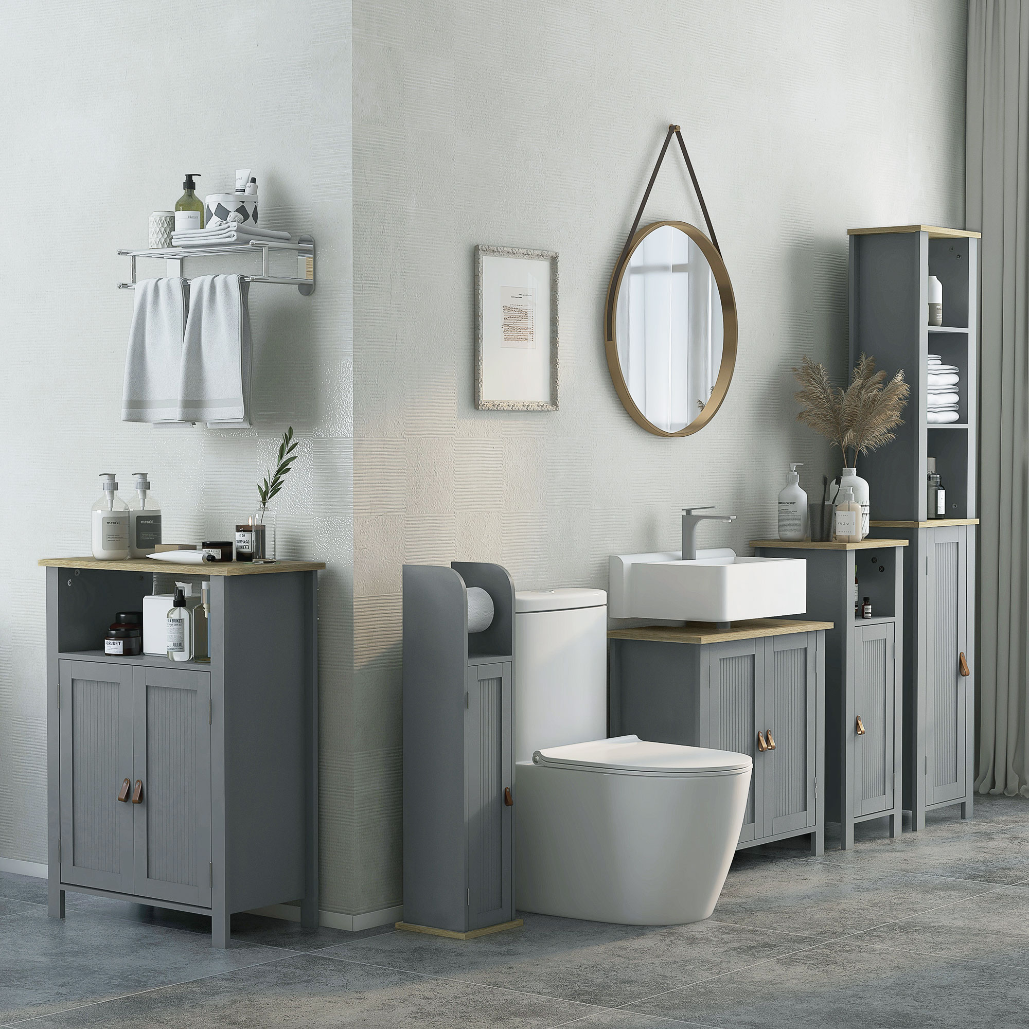 kleankin Badezimmerschrank mit 3 Regalen verstellbare Türen Holzverkleidung 34 x 23 x 165 cm Grau