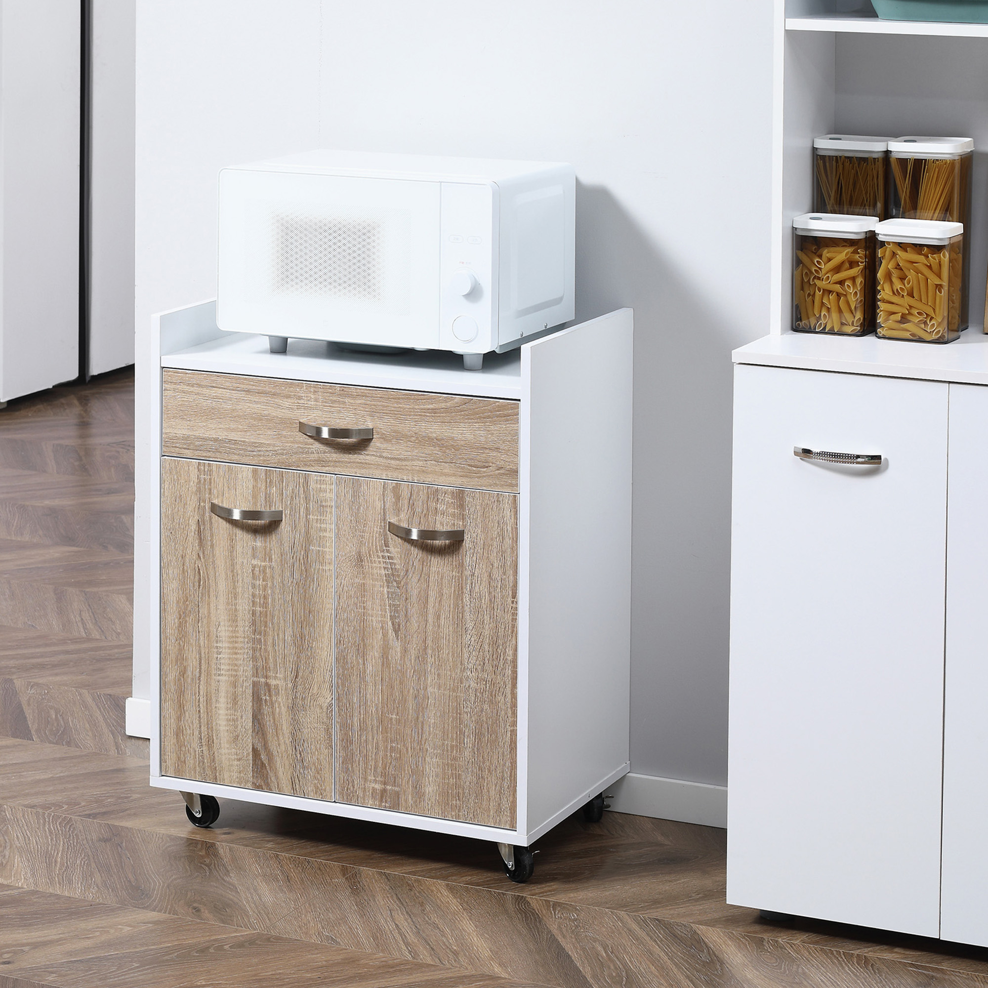 HOMCOM Servierwagen Küchenwagen mit Rollen Schublade 2-türiger Schrank verstellbares Regal Spanplatte Weiß Eiche