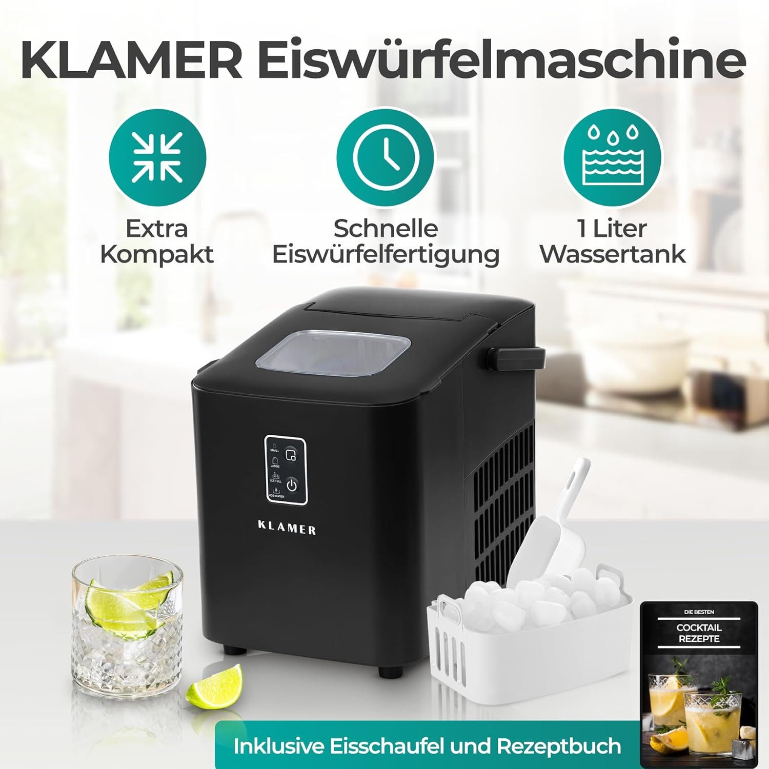 Eiswürfelmaschine 8 Eiswürfel in 8 Minuten, 11 kg Eiswürfel pro Tag, 2 Eiswürfelgrößen,…