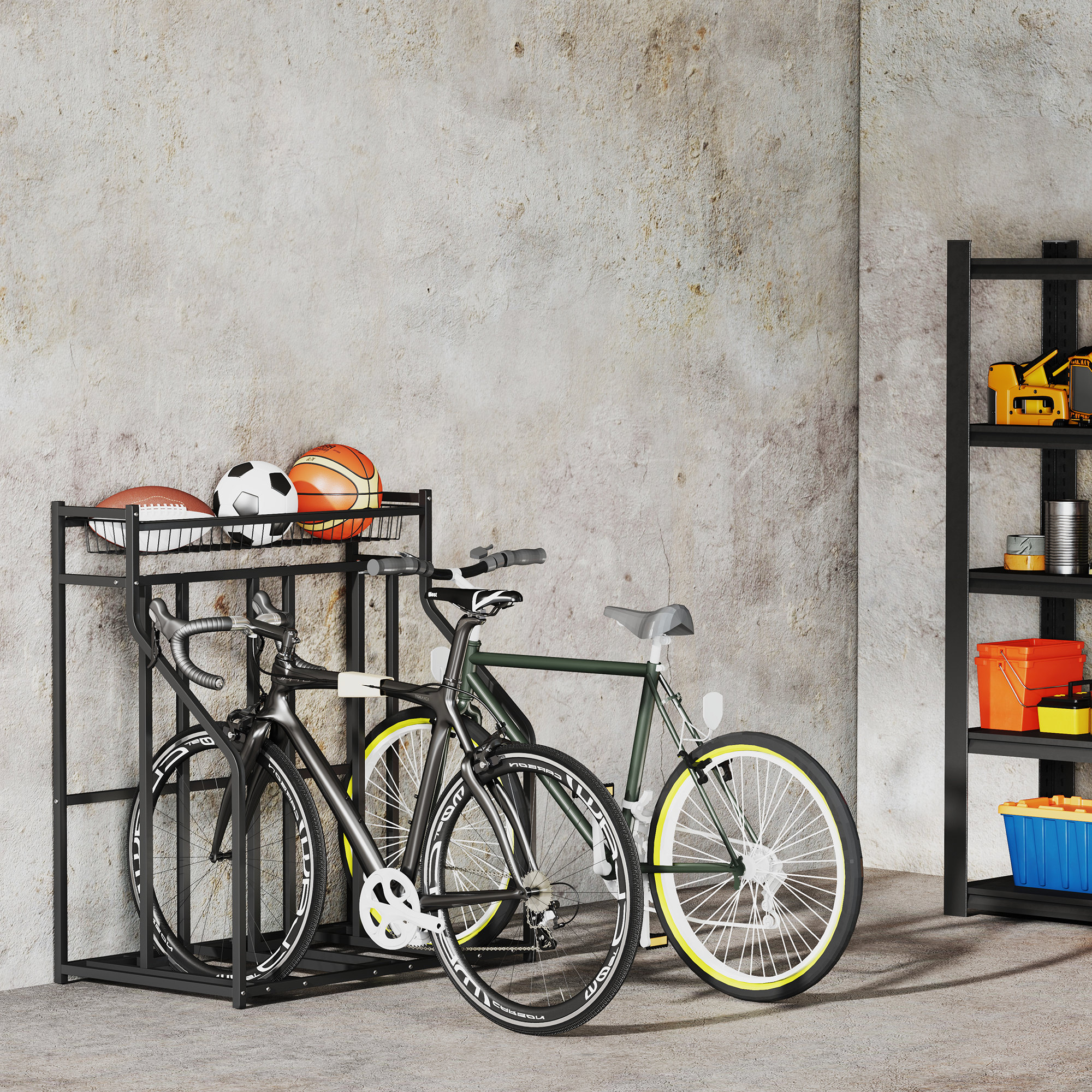 SPORTNOW Fahrradständer 3-Fahrrad-Parkständer mit oberem Korb 4 Haken 90 x 54 x 100 cm Schwarz