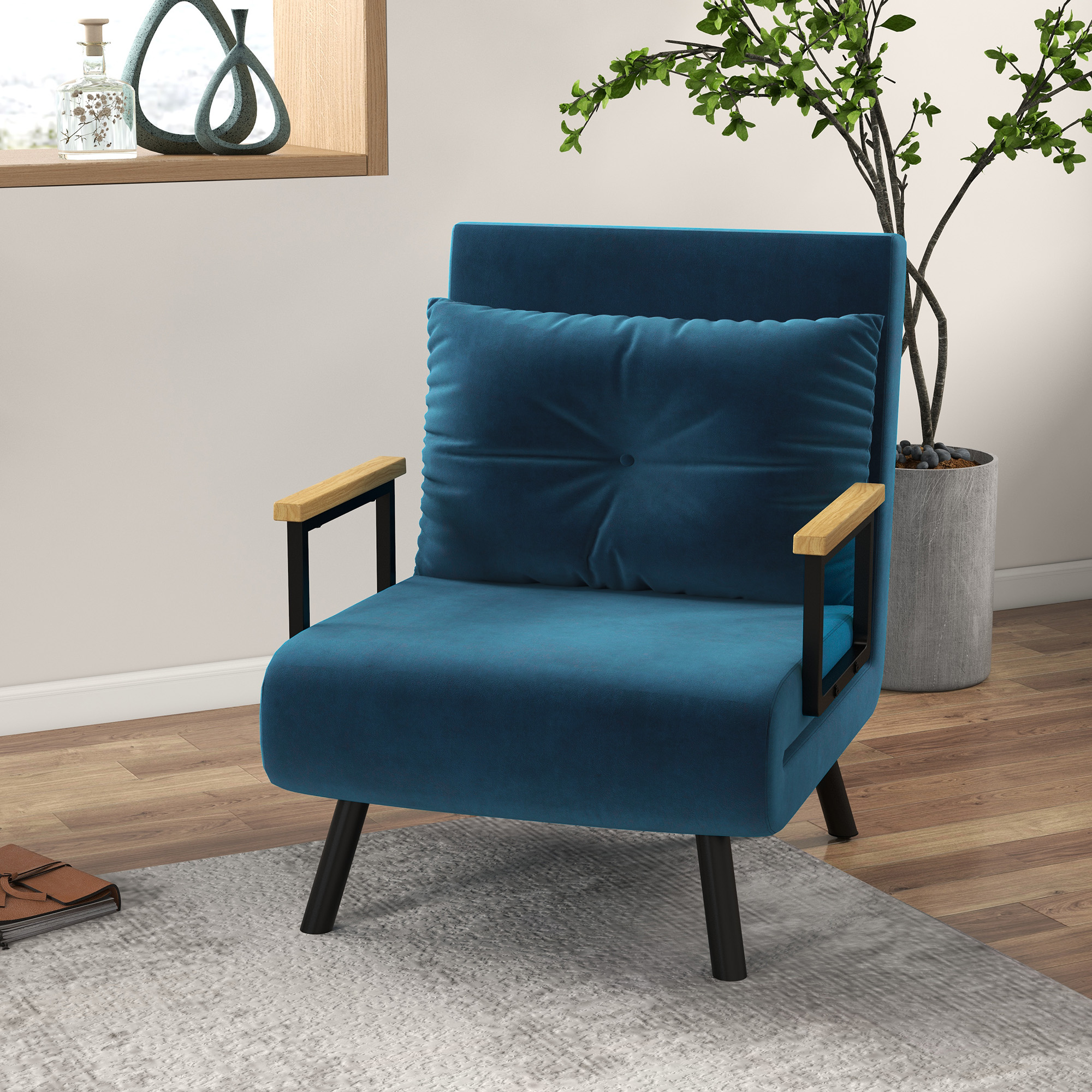 HOMCOM Relaxsessel im Skandidesign, Liegesessel, Lesesessel. ink. Kissen mit Knopfhefung, Schwarz + Natur