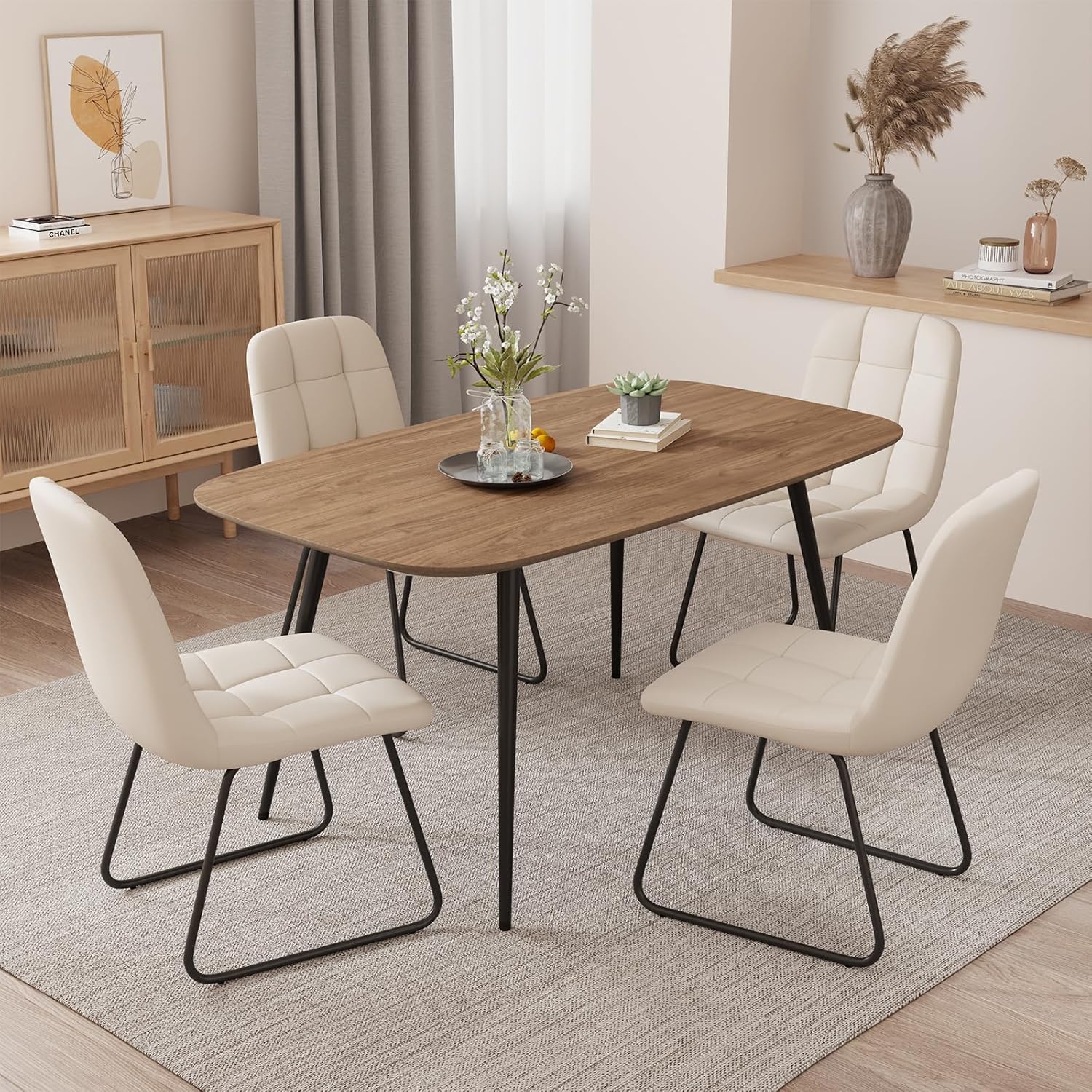 47.2'' Dining Table Set for 4,Modern Wood Dining Table,Leather Dining Chairs 4,Table and Chairs Set of 4,Ideal for Kitchen Dining Room (Walnut Color Table + 4 U-Shaped White Chairs, 47.2