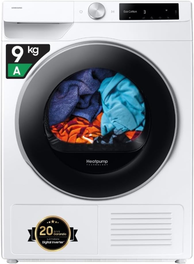 Asciugatrice AI Control DV90DG6845LE/U3, 9 kg, Pompa di Calore, Wifi, AI Dry+, Air Wash, Tecnologia Optimal Dry, Carica Frontale, 60L x 85H x 60P cm
