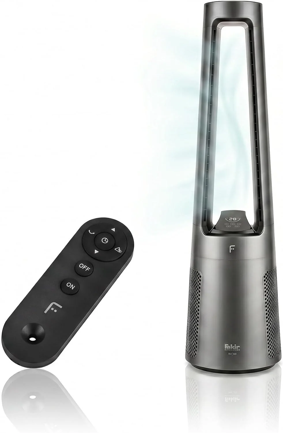Fakir TVL 100 Flügelloser Turmventilator, 30 dB(A), DC-Motor, 12 Lüfterstufen, 60° Oszillation, 12h Timer, LED Touch Display, Fernbedienung, Anthrazit