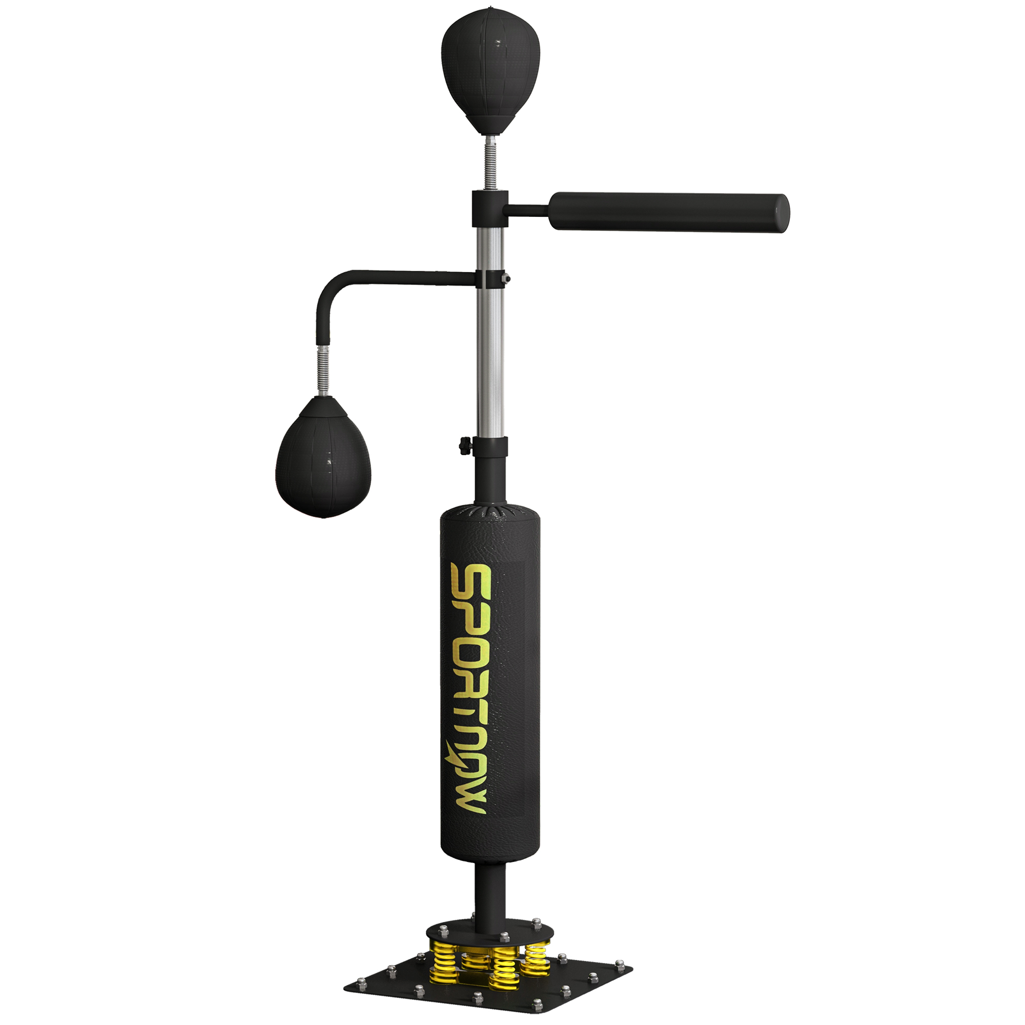 SPORTNOW Boxstand, zwei Speedballs, drehbare Boxstange, Kickpolster, höhenverstellbar, Stahl, 107 x 36 x 140-205 cm, Schwarz