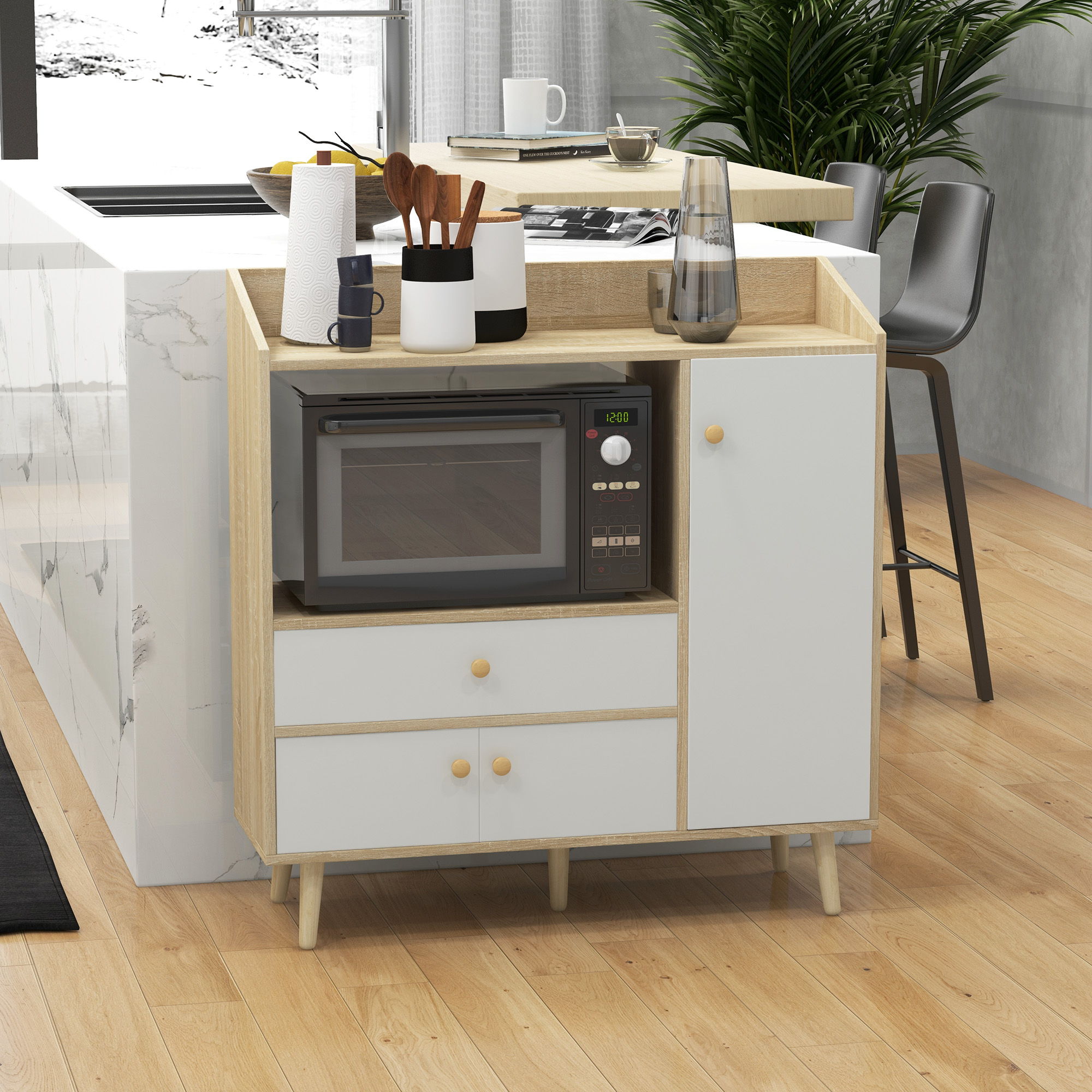 HOMCOM Küchenschrank für Mikrowelle mit 2 Schränken und Schublade, 90x30x94cm, aus MDF