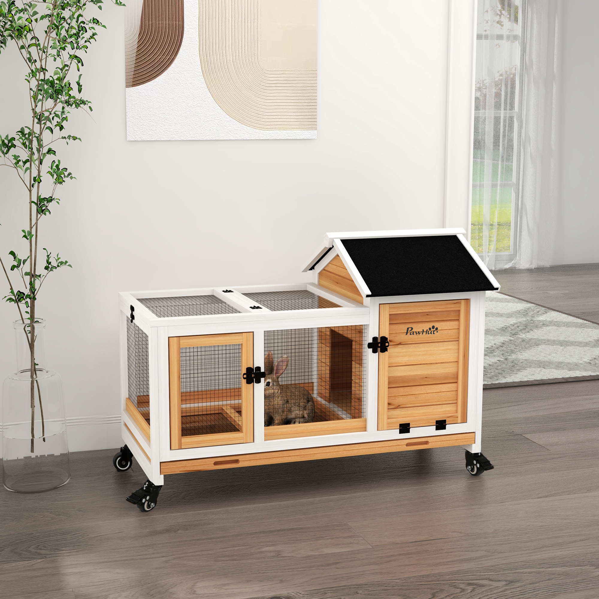 PawHut Kleintierstall für Zwergkaninchen, Meerschweinchen, mit Rädern, 108 x 58 x 73,5 cm, Gelb