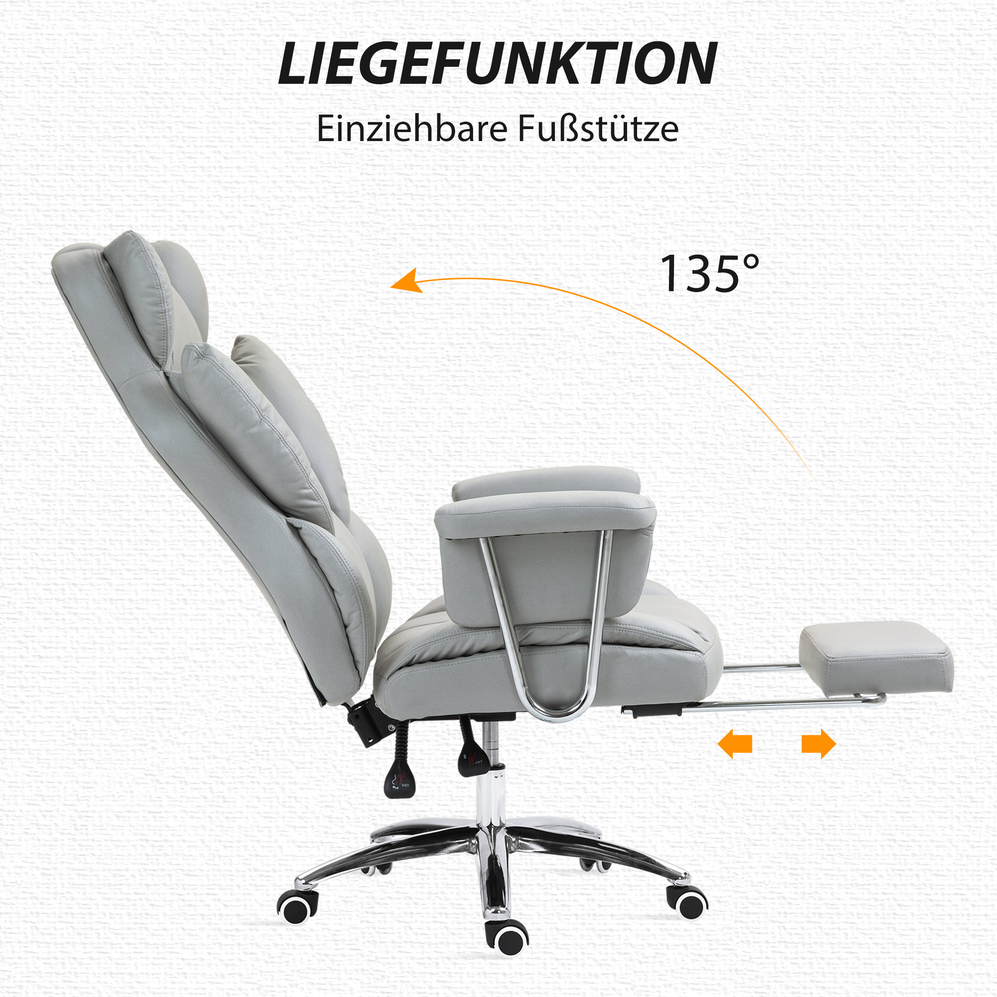 Ergonomische Bureaustoel, met Voetensteun, Verstelbare Rugleuning, 360�� Draaibaar, Lichtgrijs