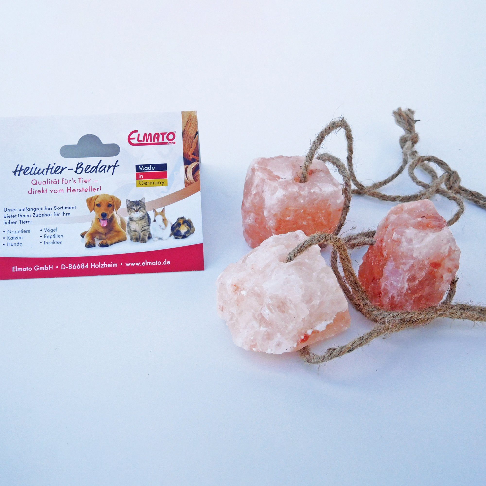 Salzkristalle Elmato 12063 Salzleckstein Kristallsalz Mineralstein mit Seil, 6 Stück