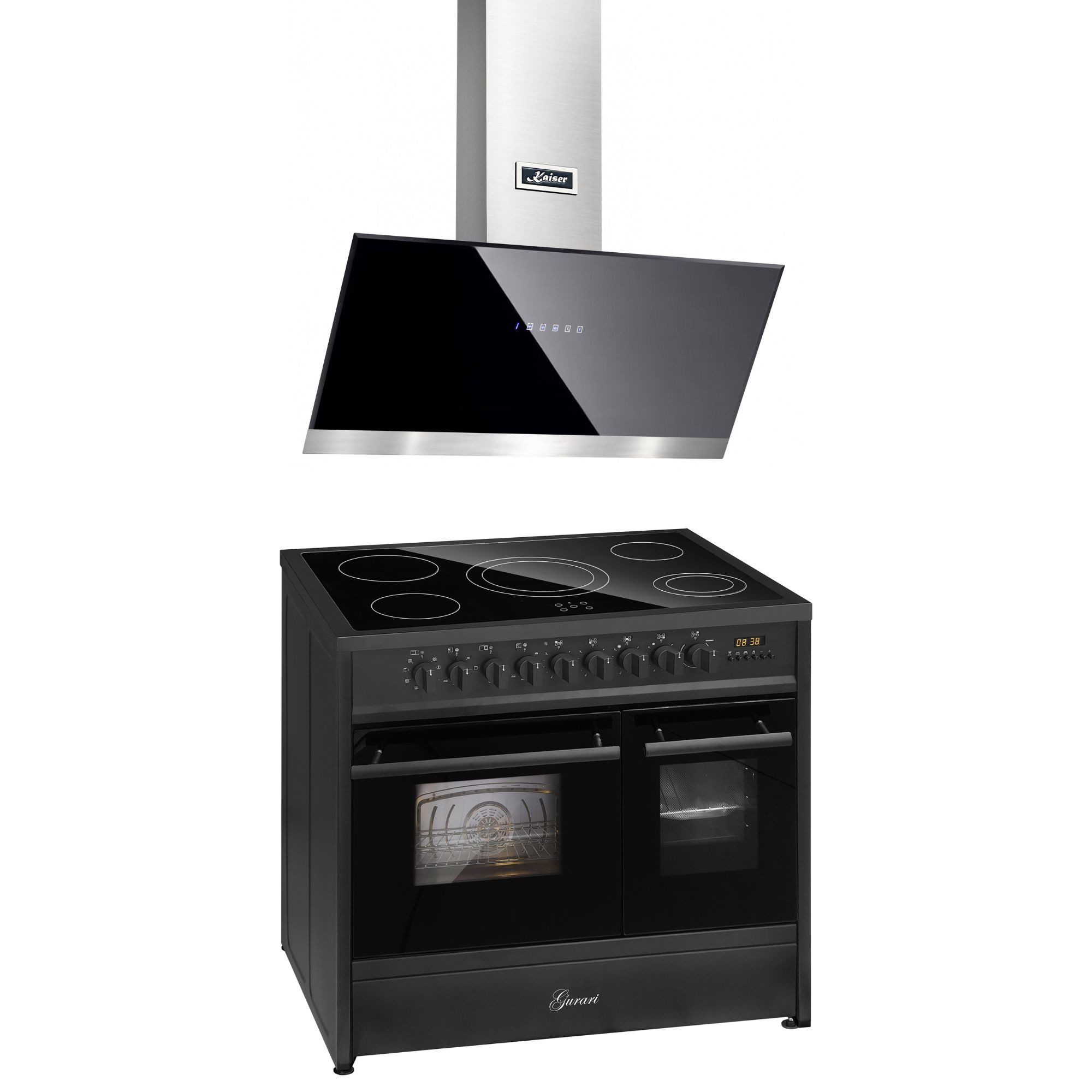 Elektro-Standherd Glaskeramik Herd 90 cm Schwarz Range Cooker Elektro Doppelbackofen+Dunstabzugshaube 90 cm, Schwarz Glas Edelstahl, 1250m³/h GCH E 912 DF BL+AT 9440