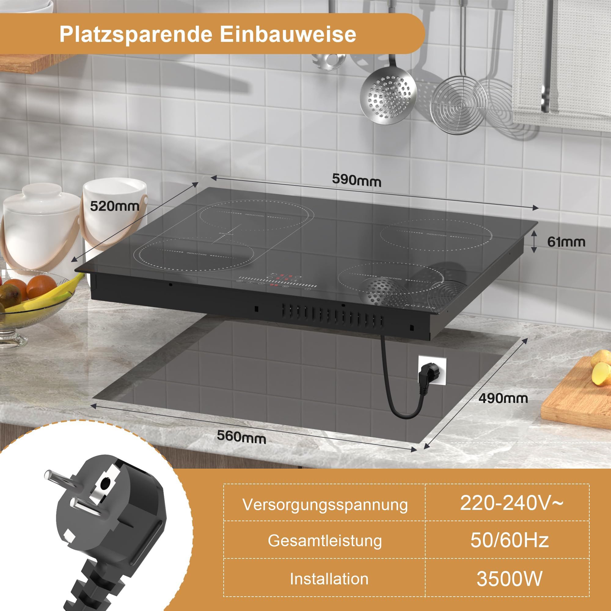 Induktions-Kochfeld 60 cm Flexzonen mit Stecker, 4 Platten mit Schieberegler