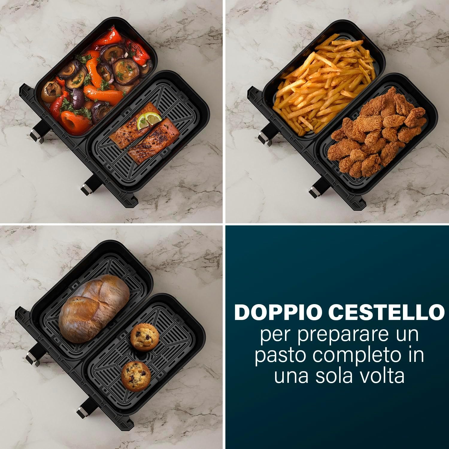 Princess XXL Friggitrice senza olio con doppio cestello - 11 L - Senza BPA e PFAS - Fine cottura sincronizzato - 8 programmi - Finestra di visualizzazione - 2400 W - 2x5,5 L - 182276