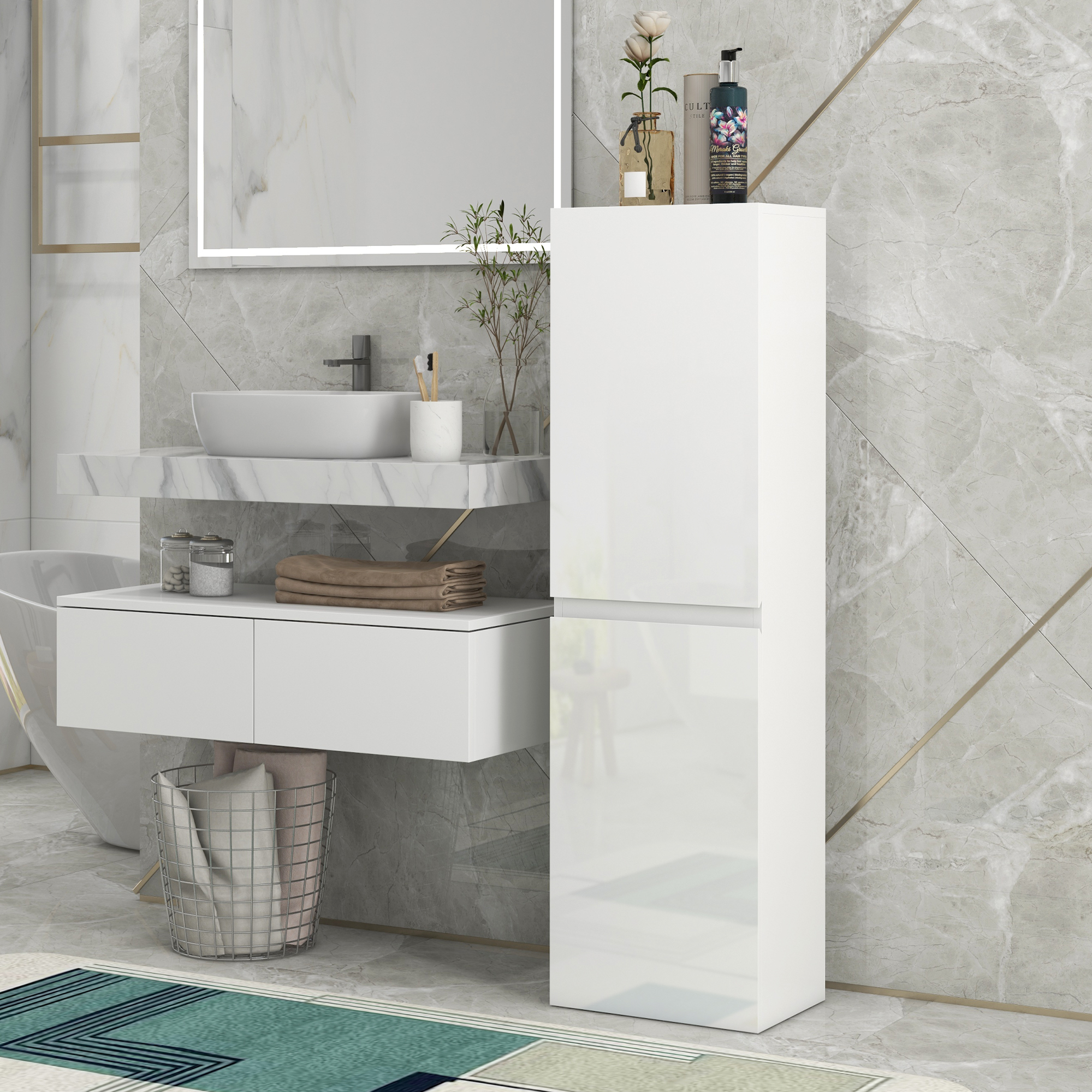 kleankin Badezimmerschrank hohe Säule zeitgenössisches Design 2 Schränke verstellbare Regale 35 x 25 x 120 cm weiß lackiert