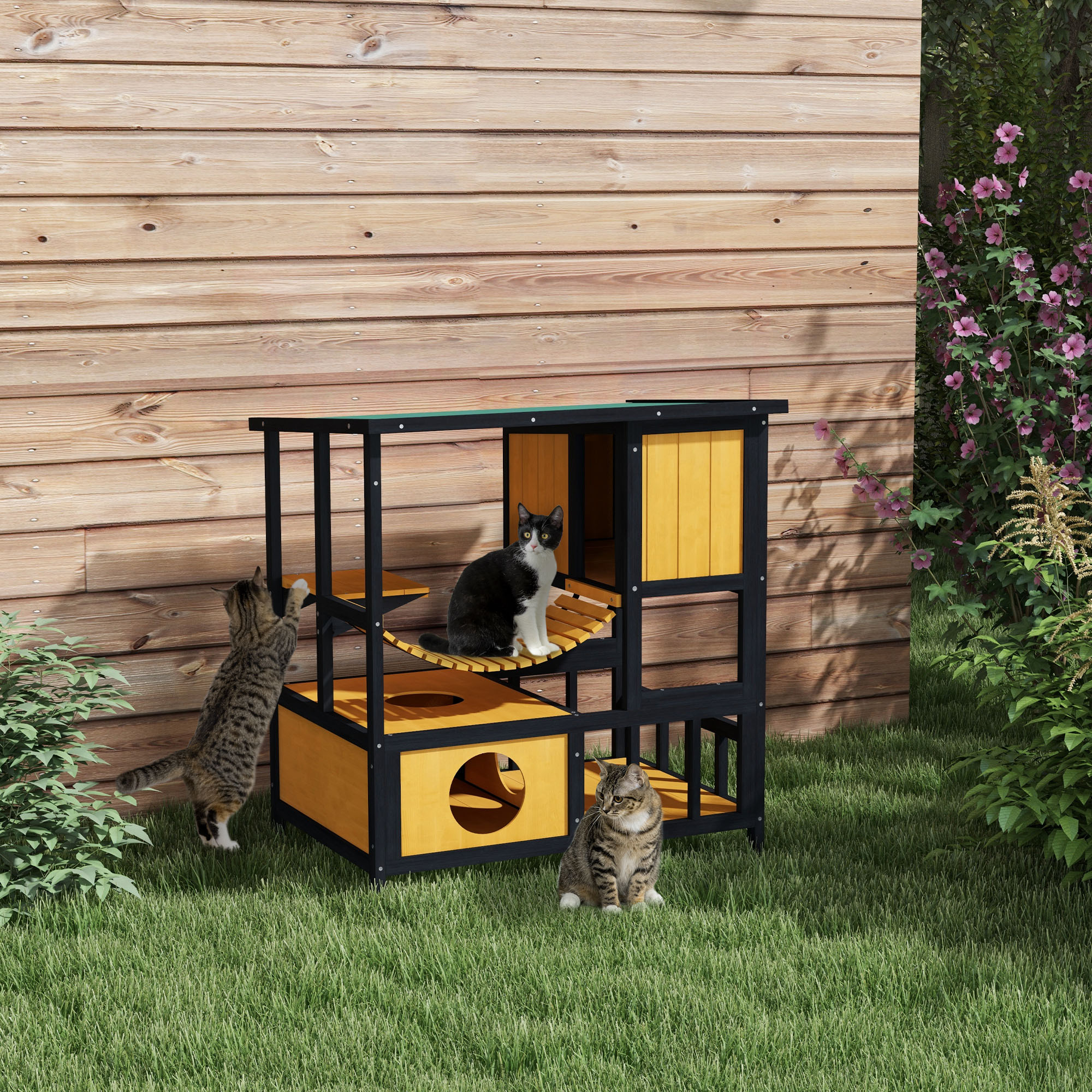 PawHut Katzenhaus Katzenhütte Katzenhöhle, wetterbeständig, 1 Rampe, 1 Plattform,  84,5 x 60 x 88 cm, Grün + Natur