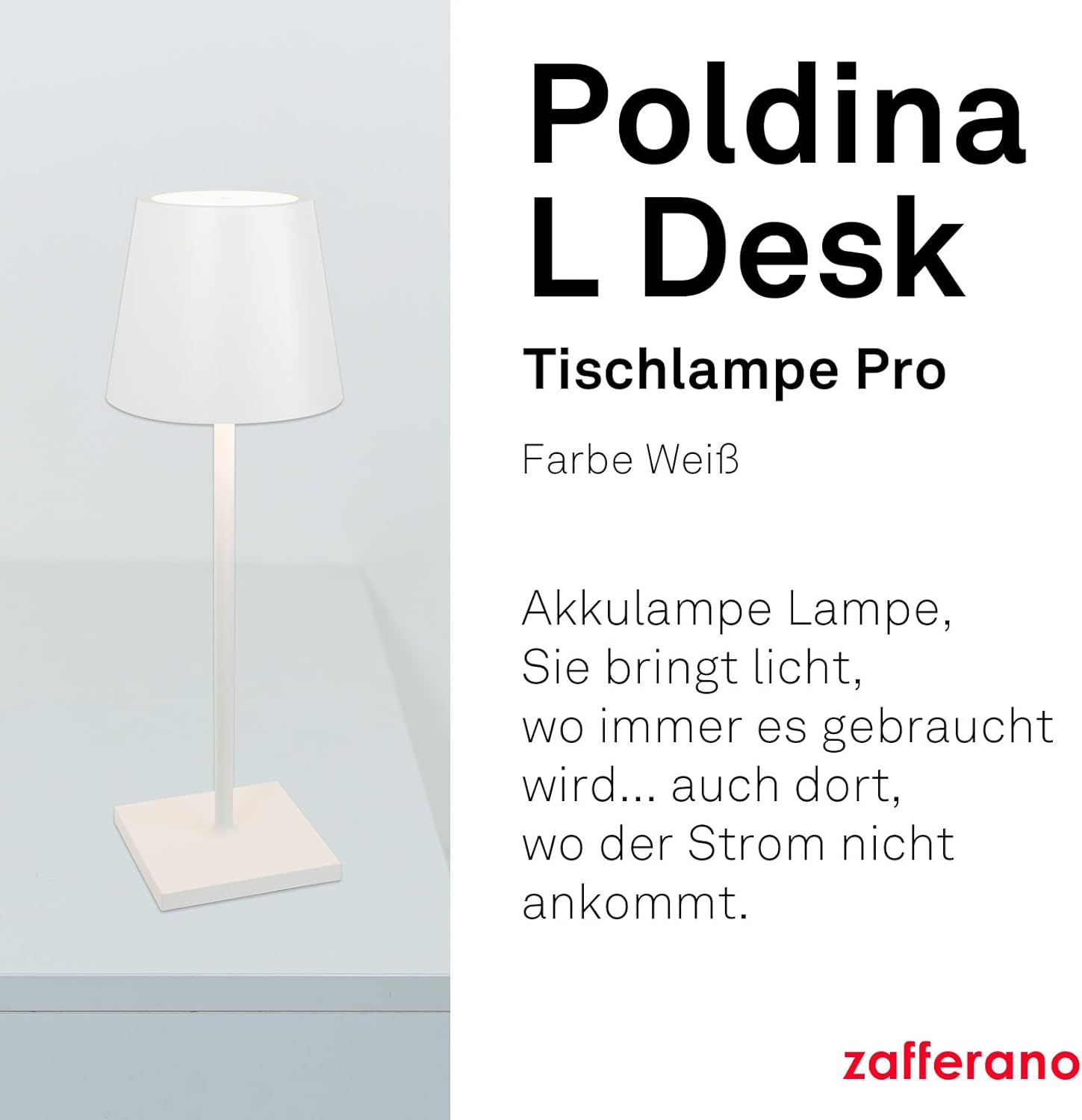 Zafferano, Poldina L Schreibtischlampe, Tragbare und Wiederaufladbare Tischlampe mit Touch Control, Geeignet für Wohnzimmer und Außenbereich, Dimmer, 2200-3000 K, Höhe 49,7 cm, Farbe Weiß