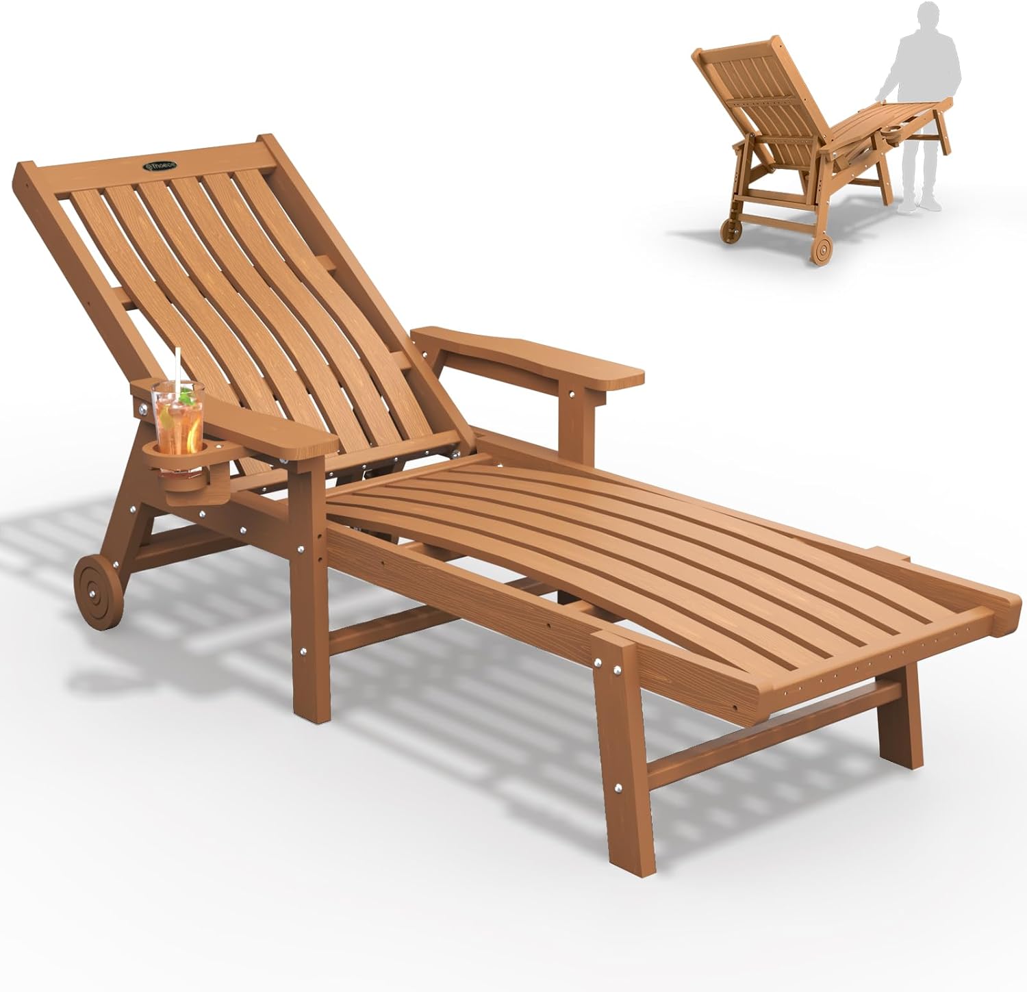 Patio Chaise Lounge Chair  Oversized Lounge Chair Outdoor with 5 Positions  HDPE  Patio Lounge Chair with Wheels & Cup Holder for Pool  Deck  Poolside Wood