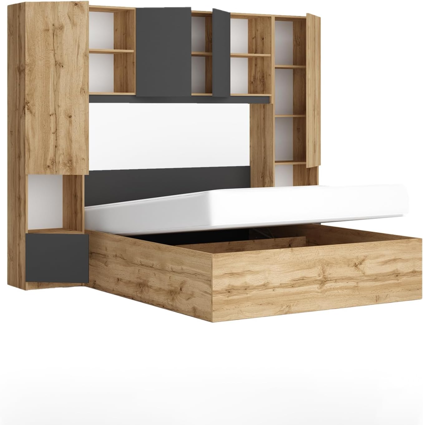 CMG49 Complete Modern Design Double Bedroom with Bridge Structure and Bed Container 160 x 200 cm Complete Set Oak and Anthracite CMG49 (Bedroom + Bed Base + Mattress)