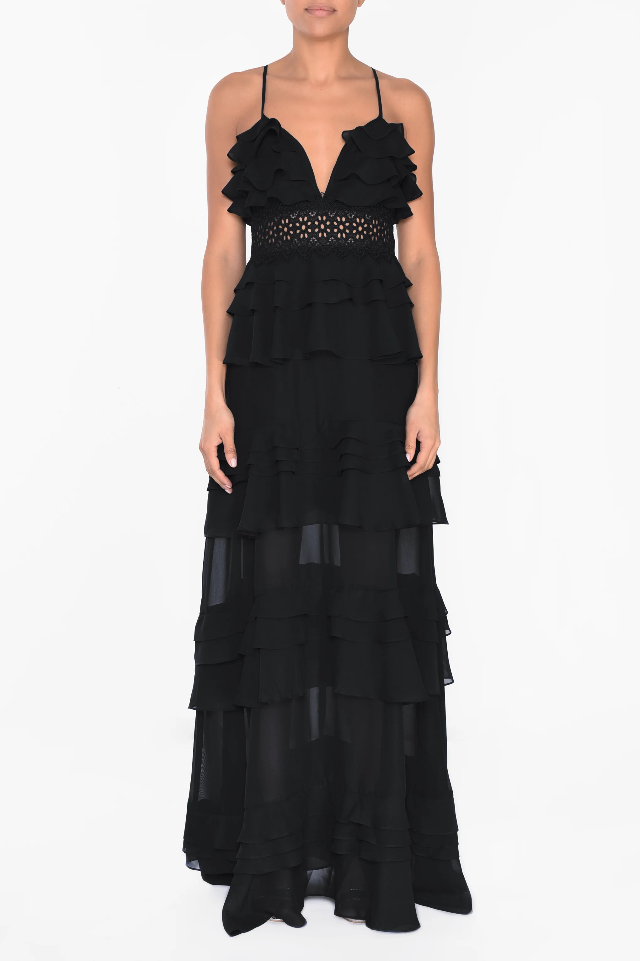 Sophia Black Plunge Front Tiered Ruffle Maxi-Dress