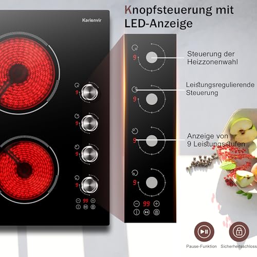 Karienvir Piano cottura in ceramica 4 fuochi, 60 cm, Comando a distanza, 9 livelli di potenza，Pausa, Timer da 99 minuti, Blocco di sicurezza : Amazon.it: Grandi elettrodomestici