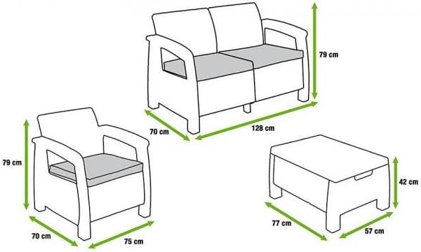 Keter Corfu Garden Living Room, Consisting of Two Armchairs, Sofa and Coffee Table, Cushions Included, Made with Characteristic Braided Finish, Cappuccino Colour