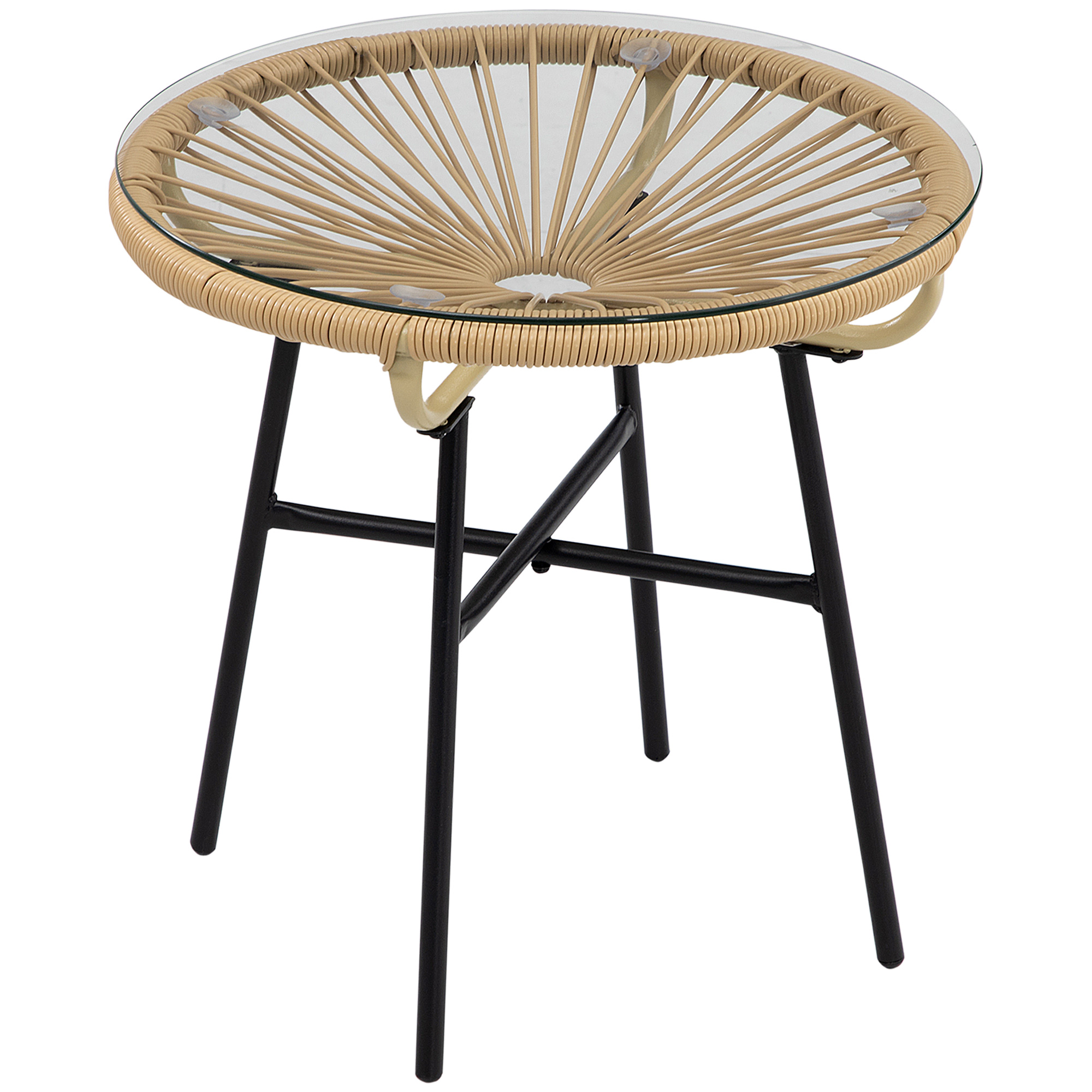 Outsunny Gartentisch im Boho-Stil, PE-Rattan, gehärtetes Glas, wetterbeständig, 50 cm x 50 cm x 50 cm, Beige