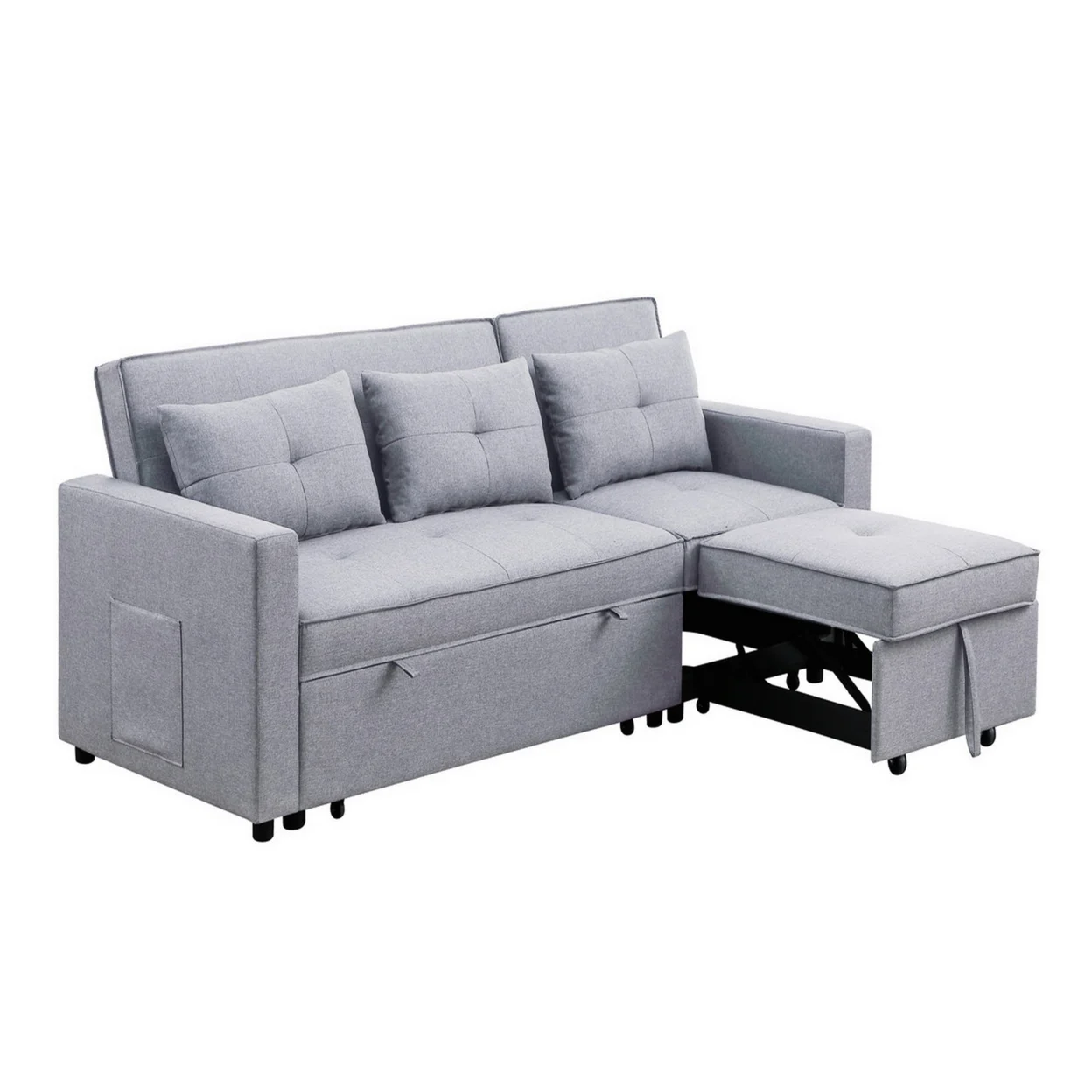 2025 Benjara BM286632 Jayce 80-inch Houten Convertible Sofa Bed met Zijvak, Lichtgrijs en Zwart