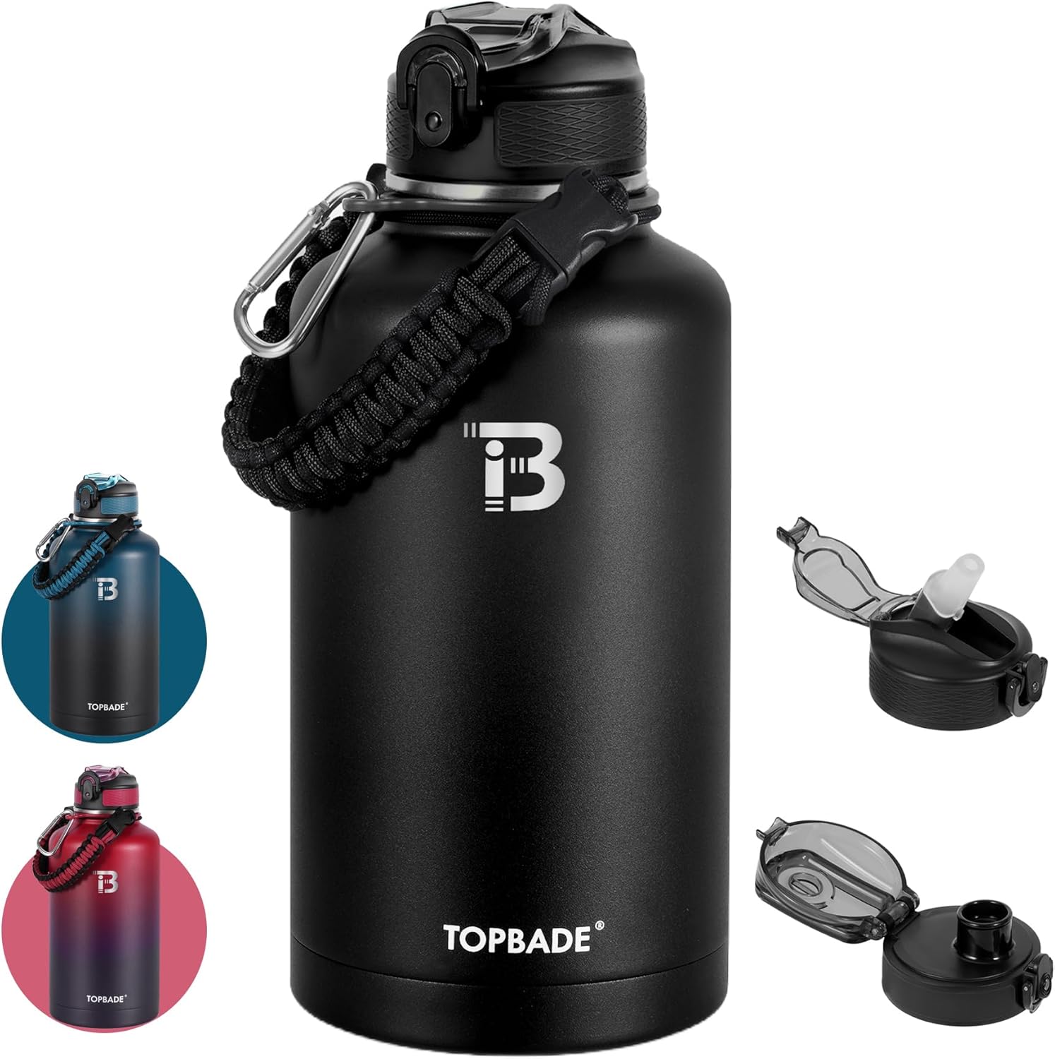 TOPBADE - Borraccia in acciaio inox, 1,9 l, isolata con 2 coperchi (con e senza cannuccia), senza BPA, in metallo, per palestra, bodybuilding, attività all'aperto