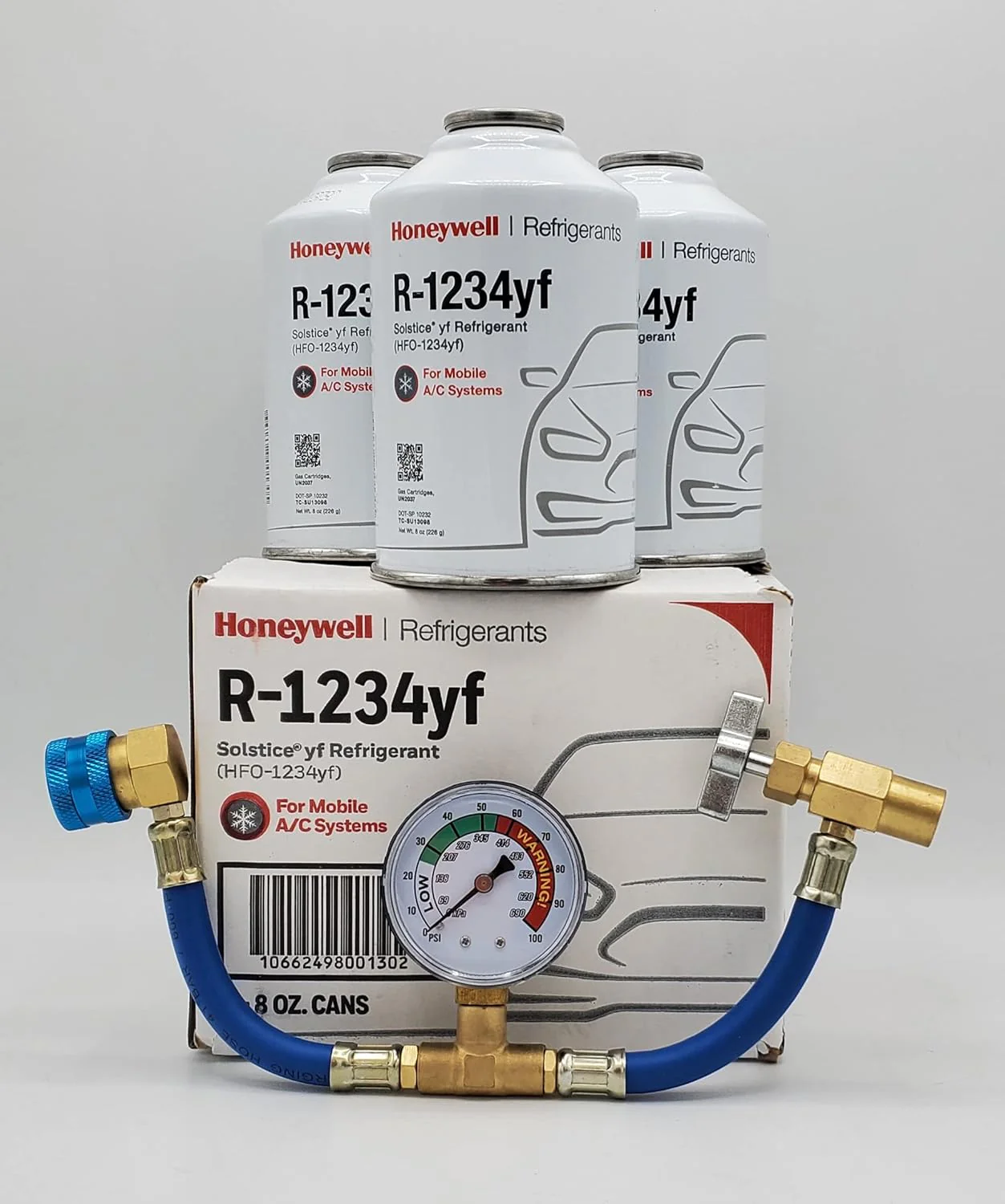Genuine 8oz R1234YF Refrigerant (3 Freon Cans) & HD Brass Can Tap with Gauge.