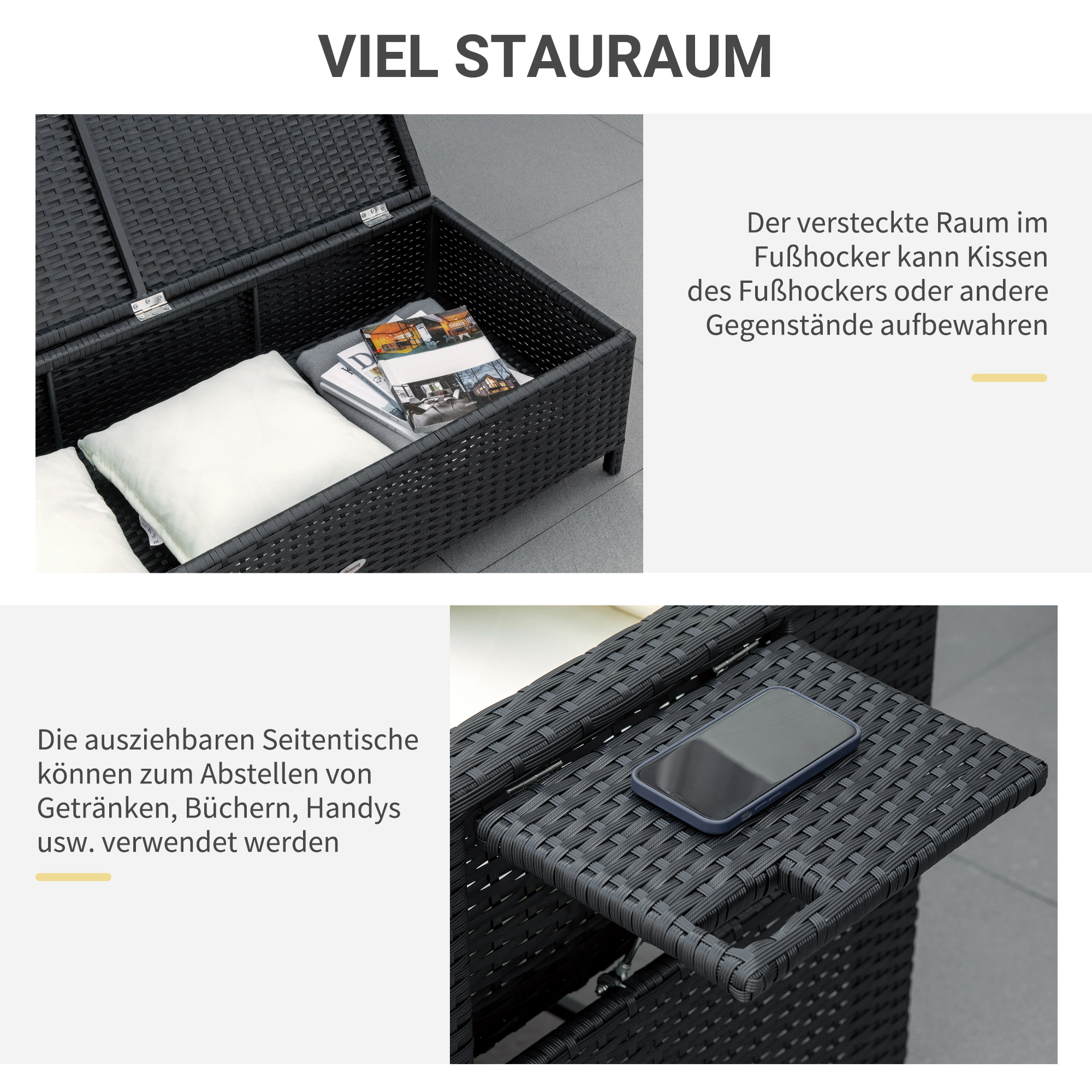 Outsunny Poly-rotan loungebank 2-zits set ligstoel kruk bruin