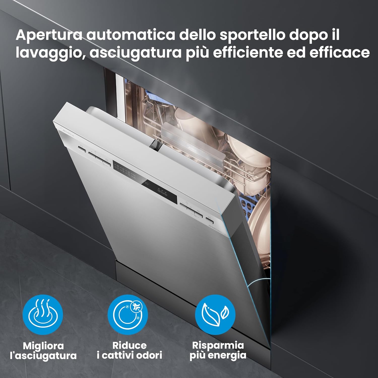 Midea MFD60S200X.1-IT Dishwasher Freestanding with 14 Places, 8 Programs, LED Display, Delay Start, Half Load Function, Extra Drying - Stainless Steel
