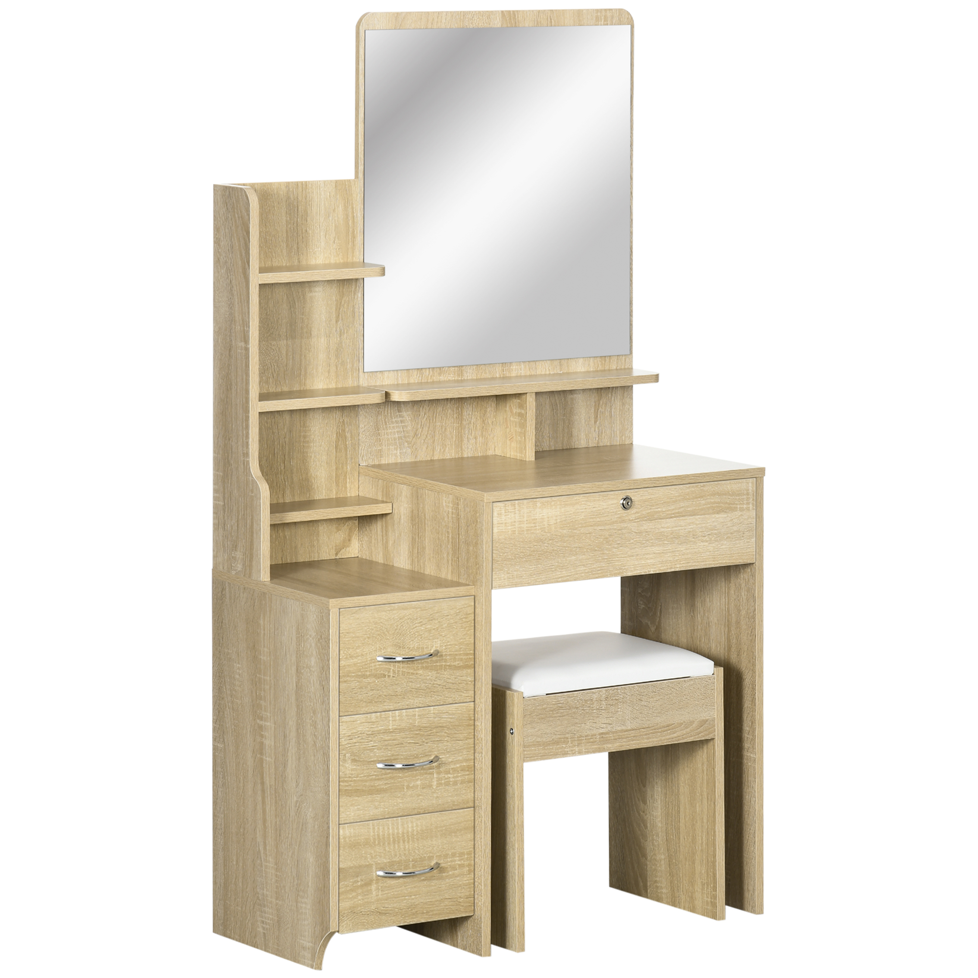 HOMCOM Schminktisch-Set mit Make-up-Tisch, gepolstertem Hocker, großem Spiegel, mehreren offenen Regalen + 4 Schubladen in Naturholz