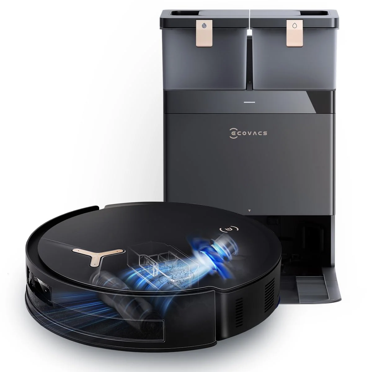 ECOVACS DEEBOT T50 Omni Saugroboter mit Wischfunktion,15.000 Pa, T30 Omni-Upgrade, Ausziehbare Seitenbürste und Mopp, ZeroTangle 2.0, Moppwäsche mit 75°C heißem Wasser, All-in-One Station