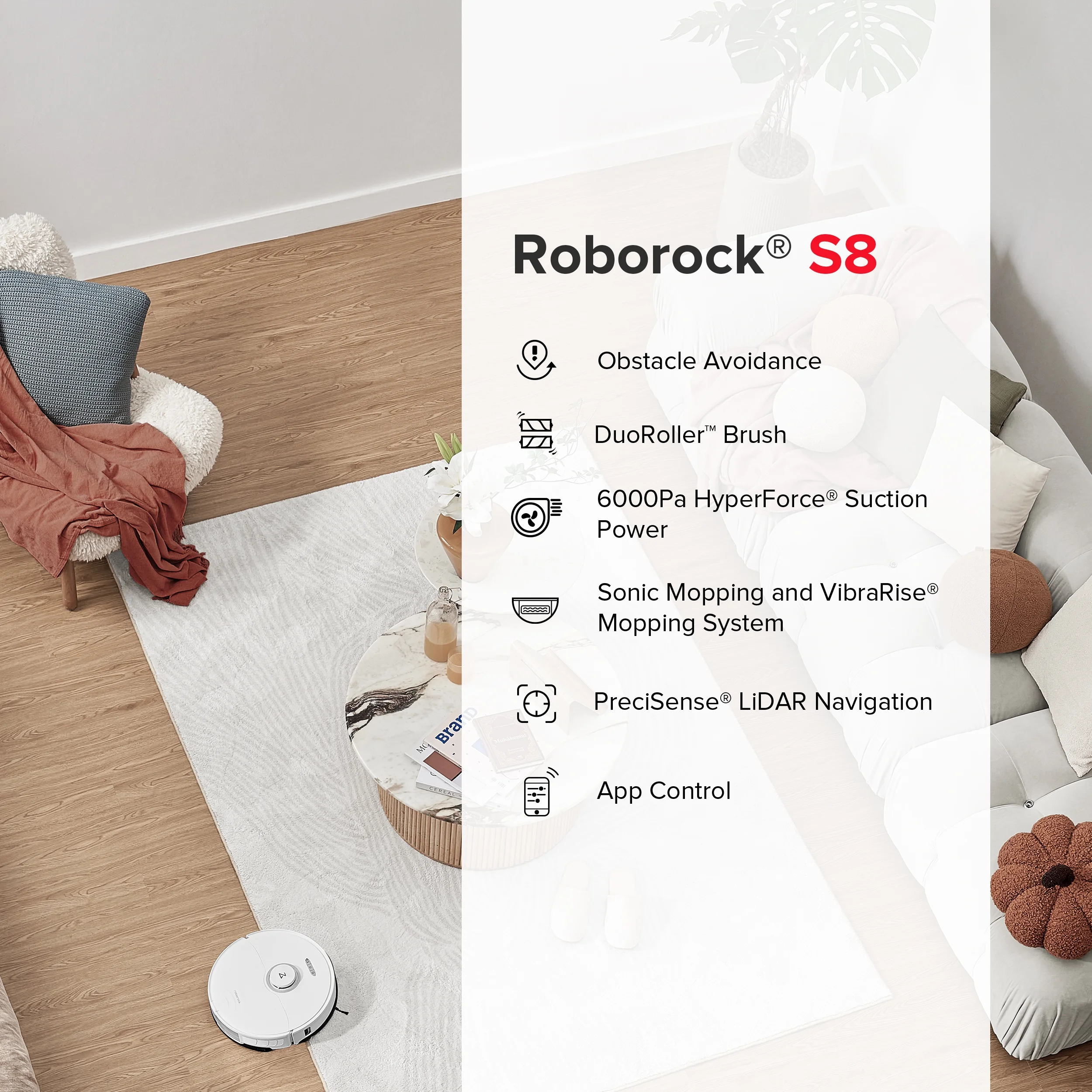 Roborock? S8 Robot Vacuum Cleaner and Sonic Mopping with DuoRoller? Brush, 6000 Pa, and Obstacle Avoidance