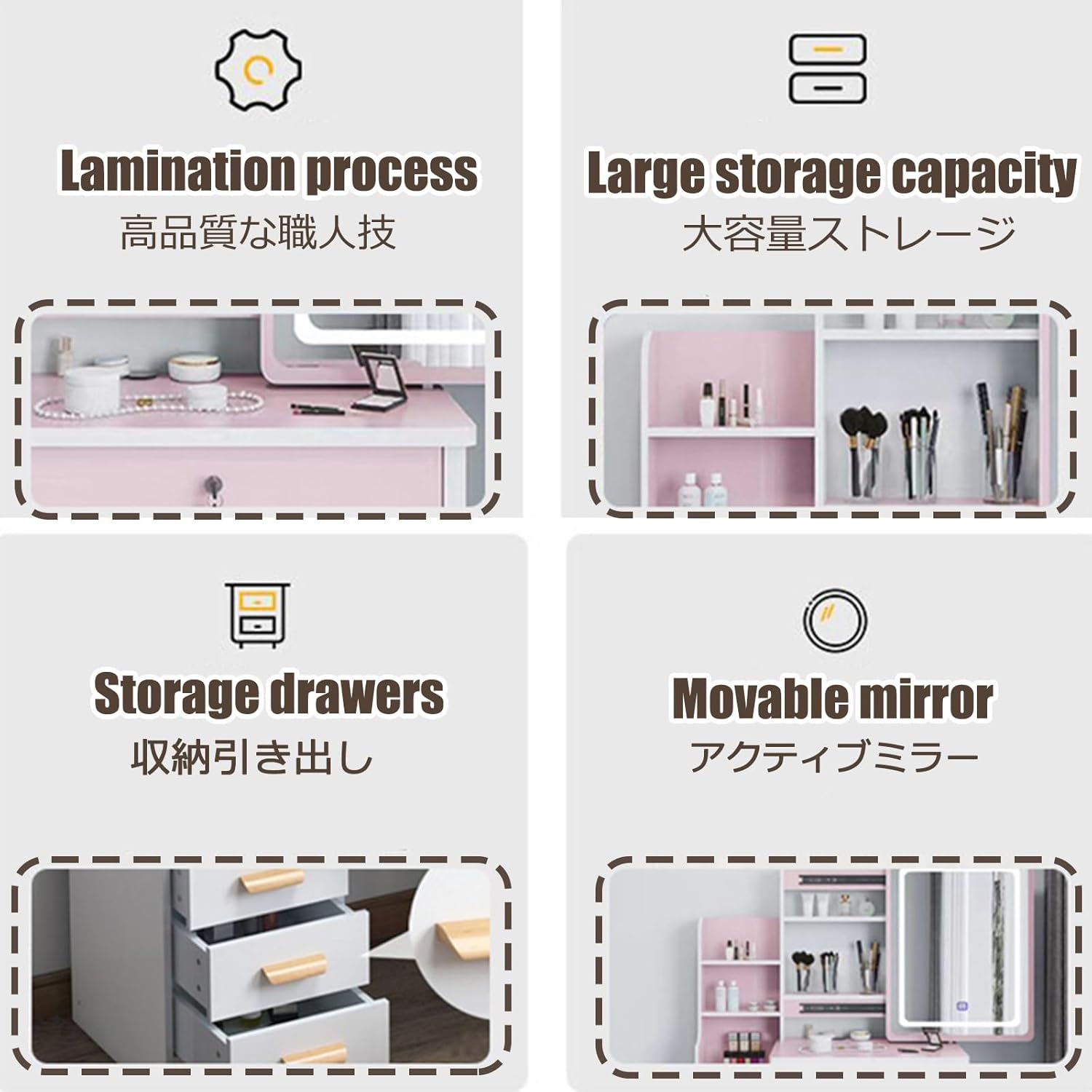 Set da trucco con illuminazione a LED, per camera da letto, 4 cassetti, con sgabello bianco, rosa, per ragazze e donne, regalo perfetto per gli amanti della bellezza