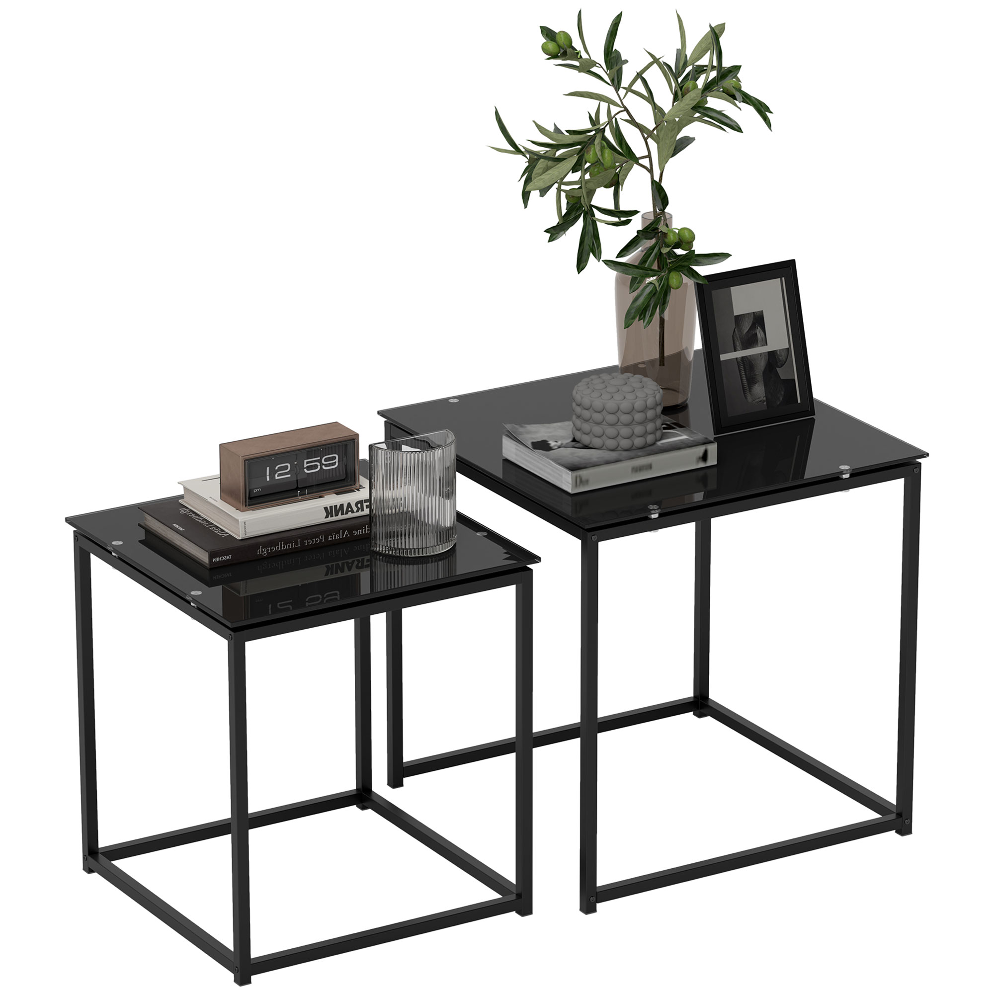 HOMCOM 2er-Set Beistelltische, modernes Design, stapelbar, Glastisch, Schwarz