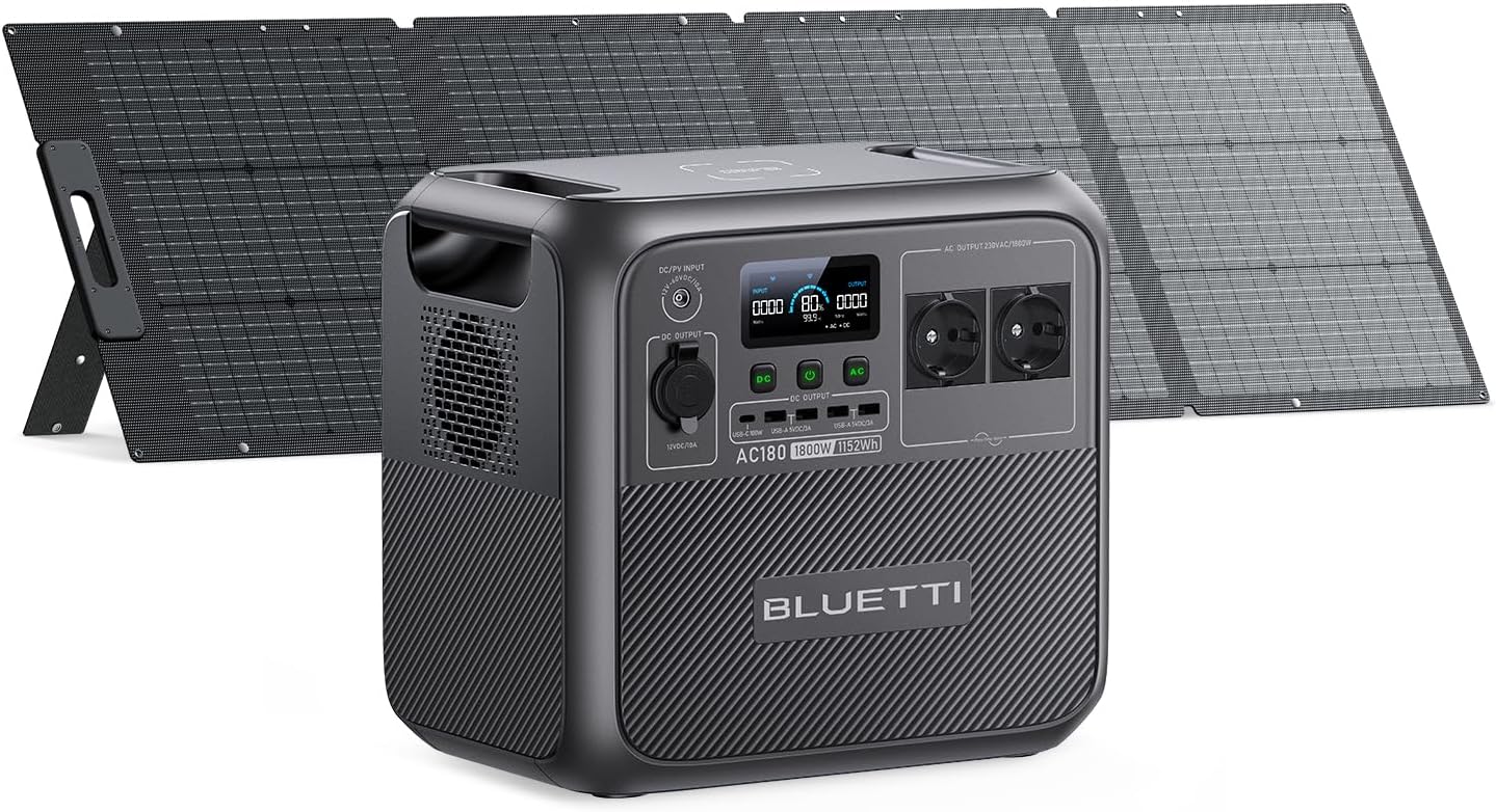 BLUETTI Generatore AC180 con Pannello Solare 200W, Batteria LiFePO4 1152Wh con 2 Uscite AC 1800W (2700W Picco), Generatore Solare Portatile per Campeggio, Viaggio, Interruzione di Corrente