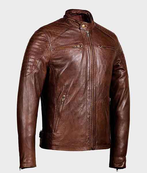 Men’s Zipper Pockets Shoulder Padded Café Racer Brown Jacket