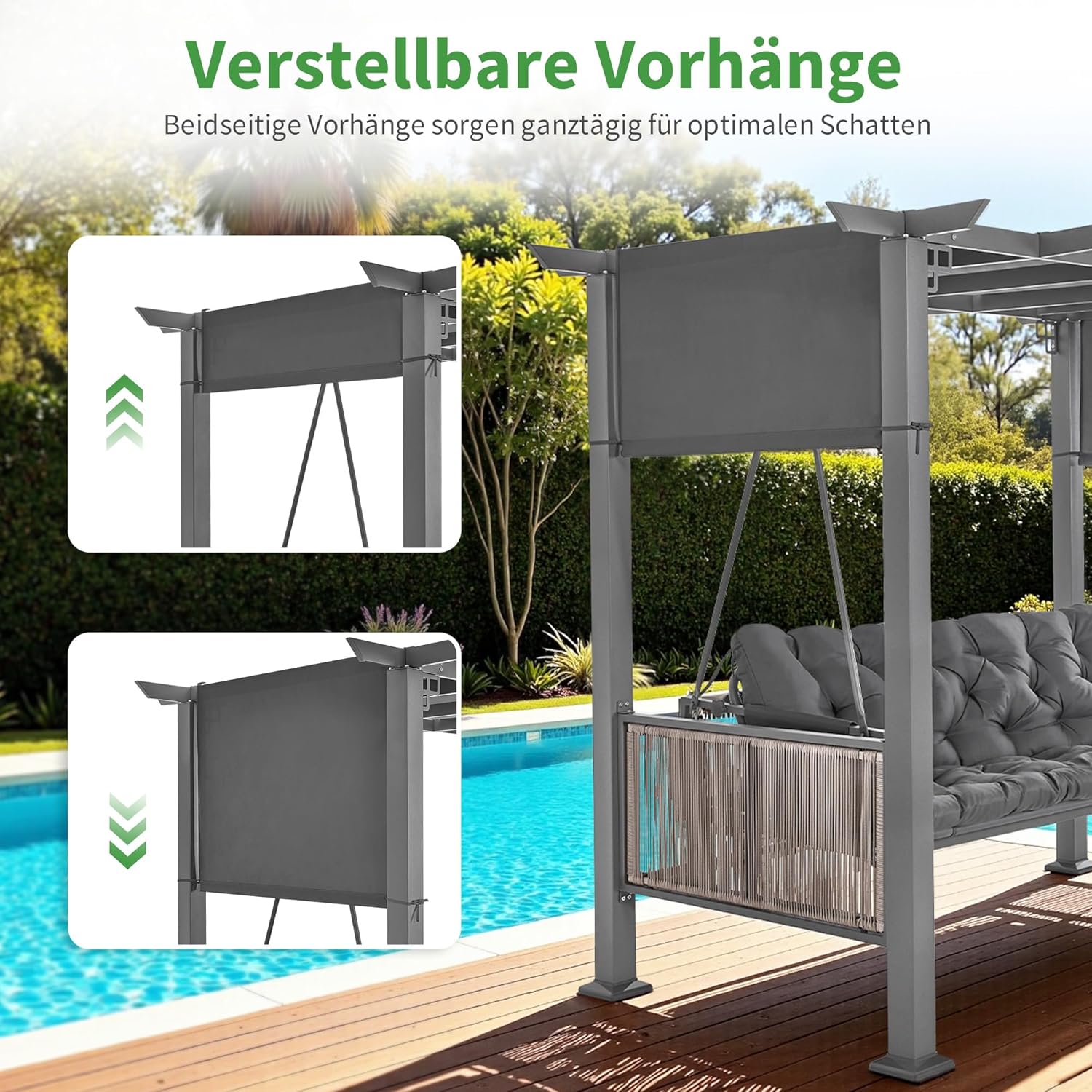 M MCombo dondolo Hollywood 3 posti con funzione letto e padiglione da giardino, dondolo con tettuccio retrattile, cuscino extra spesso da 8 cm e ganci silenziosi, panca da giardino 4067 (grigio)