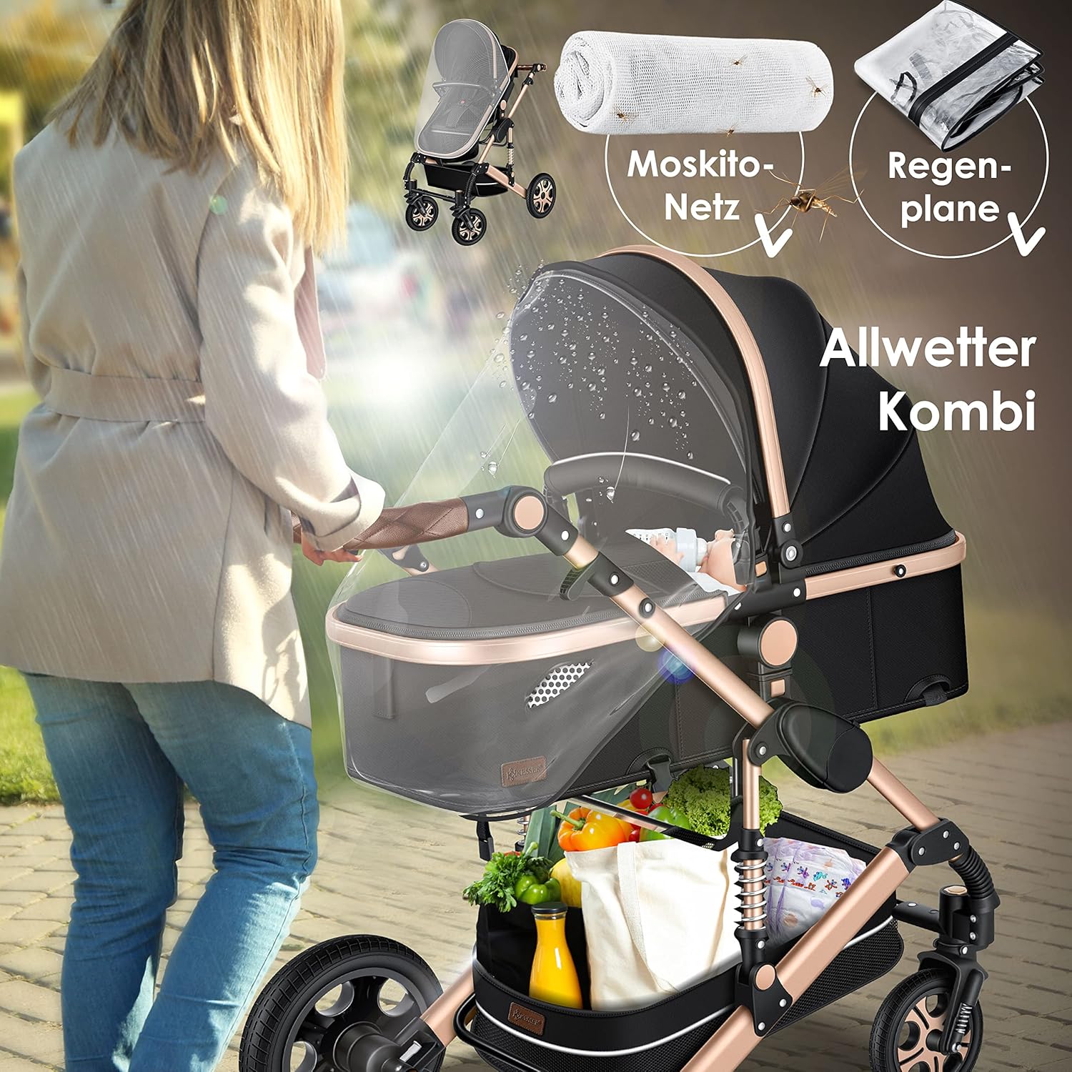 KESSER® Loops 3 in 1 Kinderwagen Kombikinderwagen Komplett-Set inkl. Babywanne & Buggy Sportsitz & Auto-Babyschale Voll-Gummireifen Wickeltasche Regenschutz Kindertisch ECE R129, Schwarz/Schwarz